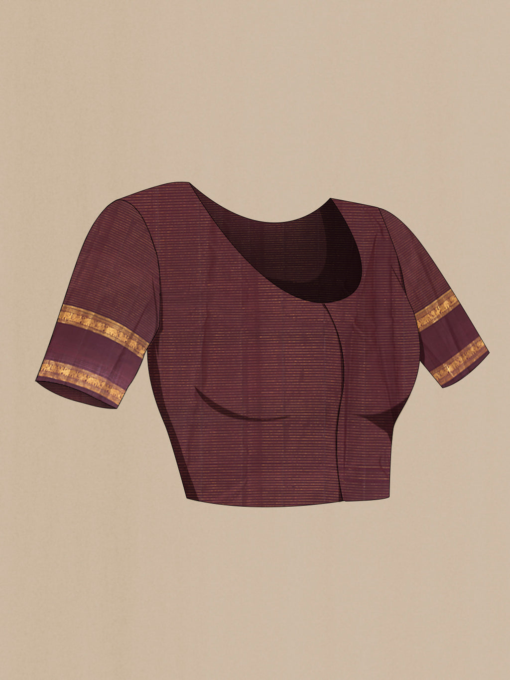 Close up image of the blouse of Maroon Kanjivaram Silk Saree with Checked design on the body and Zari Border. 