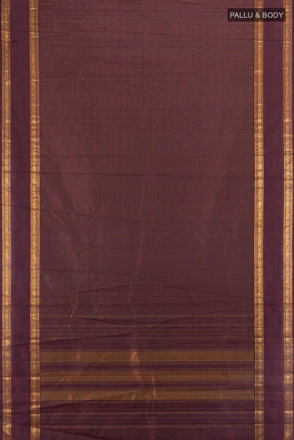Flat view of Maroon Kanjivaram Silk Saree with Checked design on the body and Zari Border. 