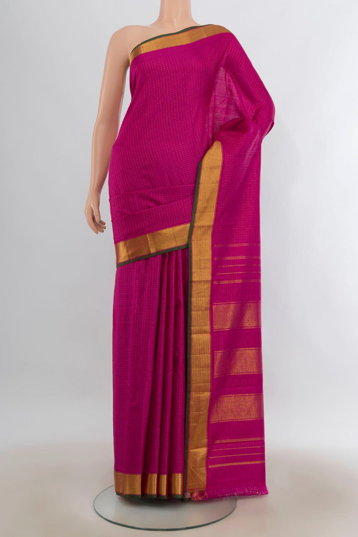 Pure Silk Pink Kanjivaram Saree with Checked design on the body and Zari Border.  displayed on a mannequin