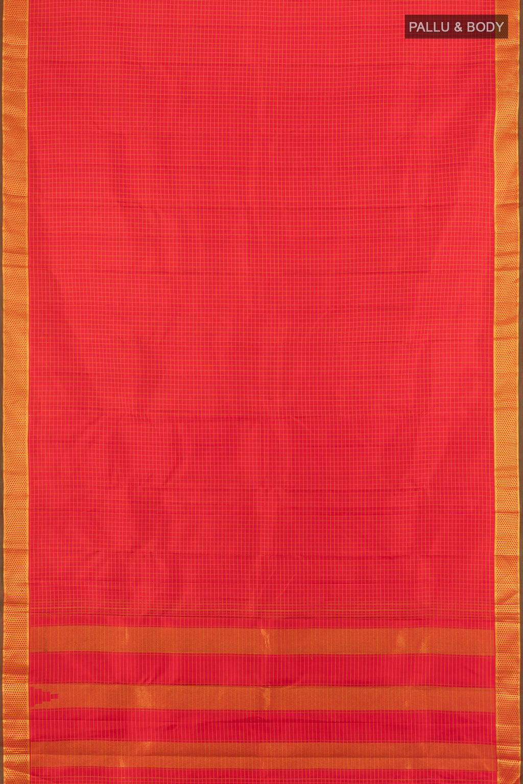 Flat view of Red Kanchipuram Silk Saree with Checked design on the body and Zari Border. 