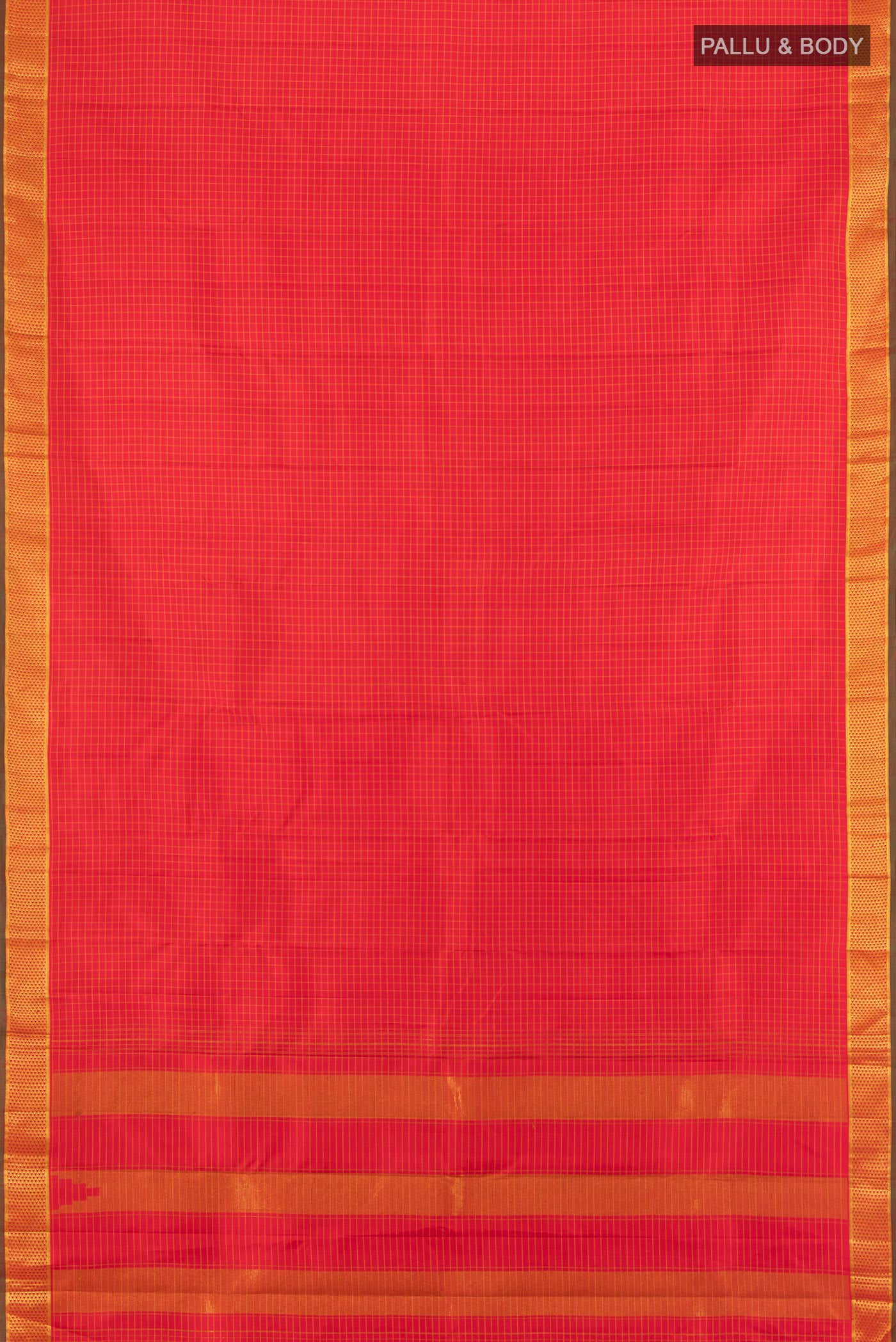 Flat view of Red Kanchipuram Silk Saree with Checked design on the body and Zari Border. 