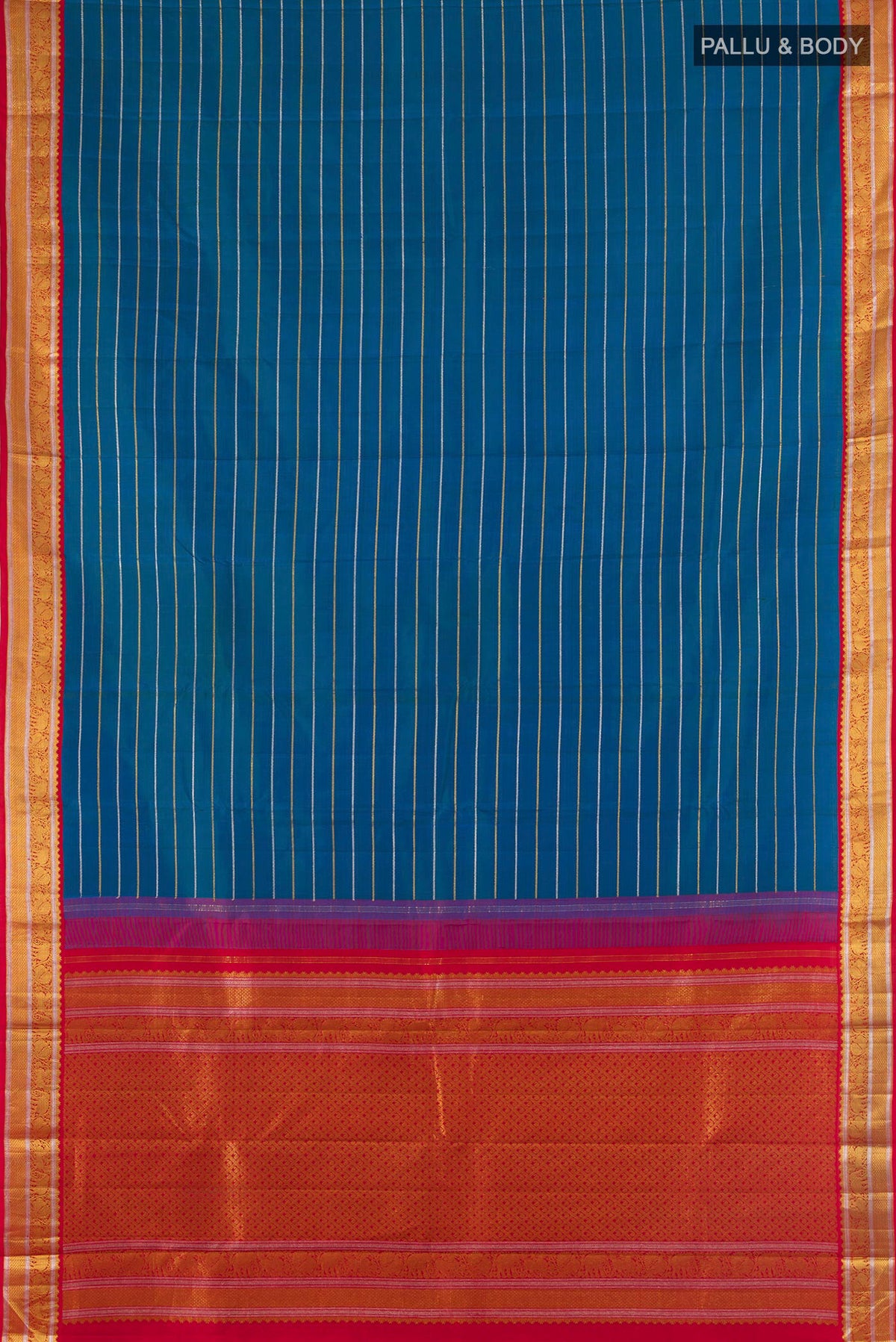 Flat view of Pure Silk Peacock Blue Kanjivaram Saree with Stripes on the body and Zari Border. 