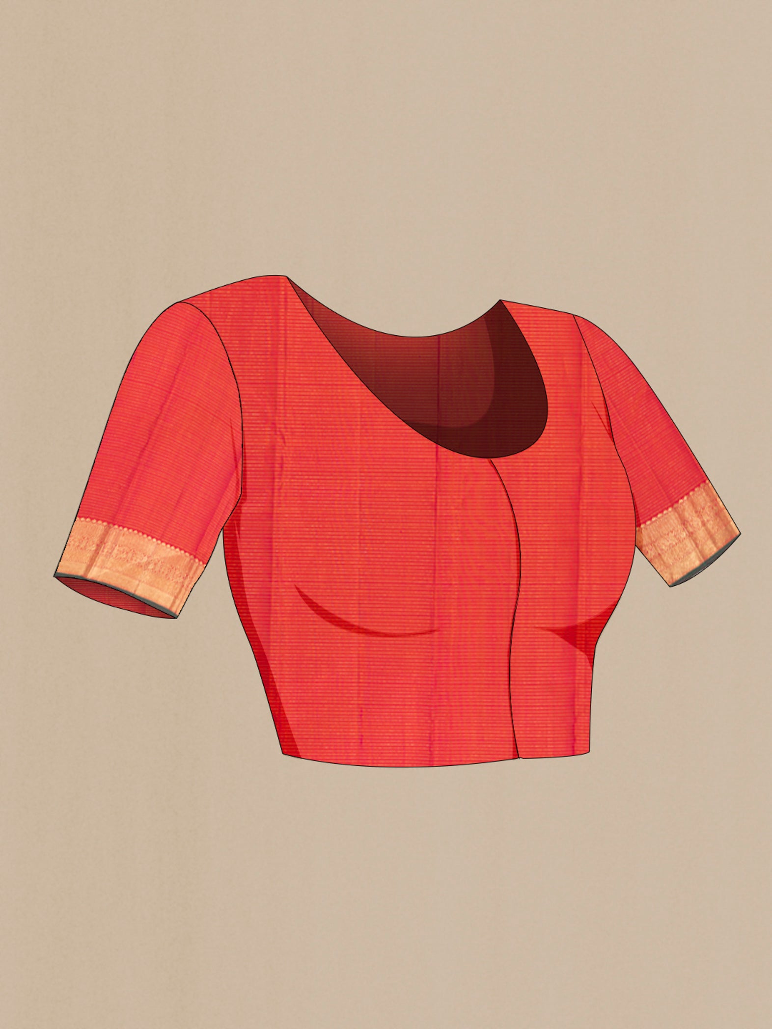 Close up image of the blouse of Orange with Pink Color Kanjivaram Silk Saree with Zari Butta on the body and Zari Border. 