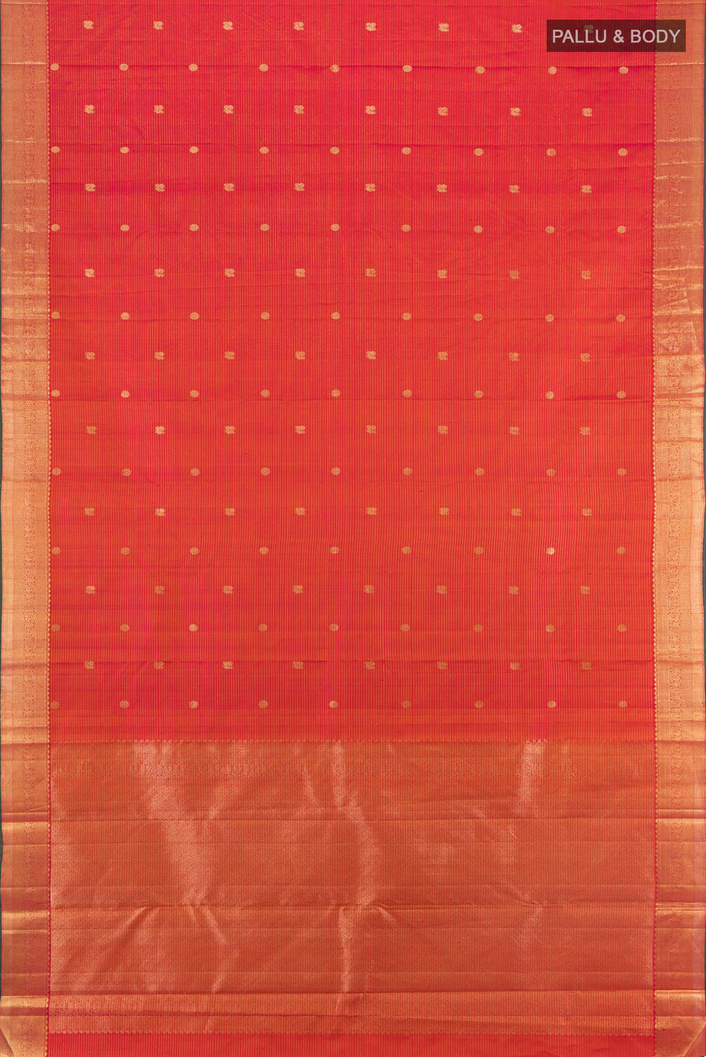 Flat view of Orange with Pink Color Kanjivaram Silk Saree with Zari Butta on the body and Zari Border. 