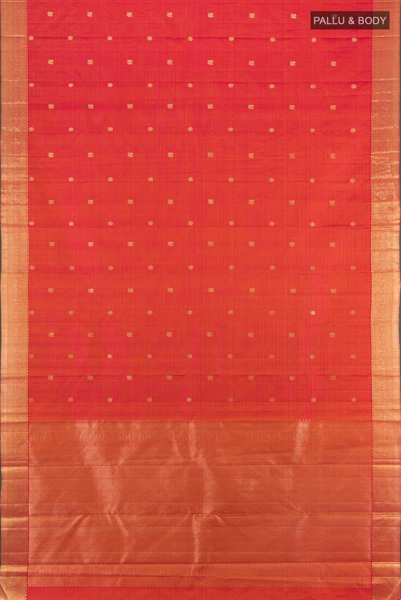Flat view of Orange with Pink Color Kanjivaram Silk Saree with Zari Butta on the body and Zari Border. 