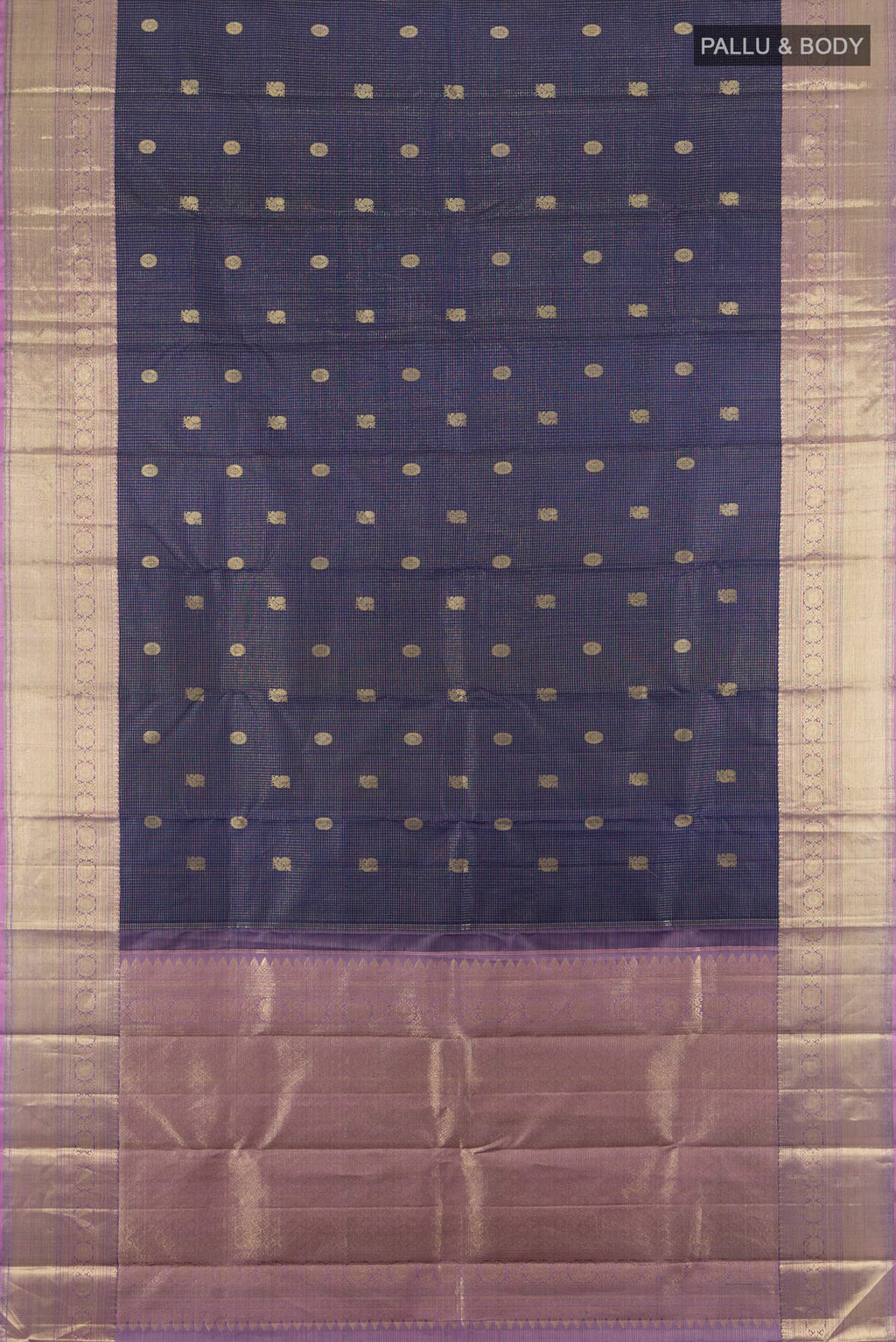 Flat view of Navy Blue Kanjivaram Silk Saree with Zari Butta on the body and Zari Border. 