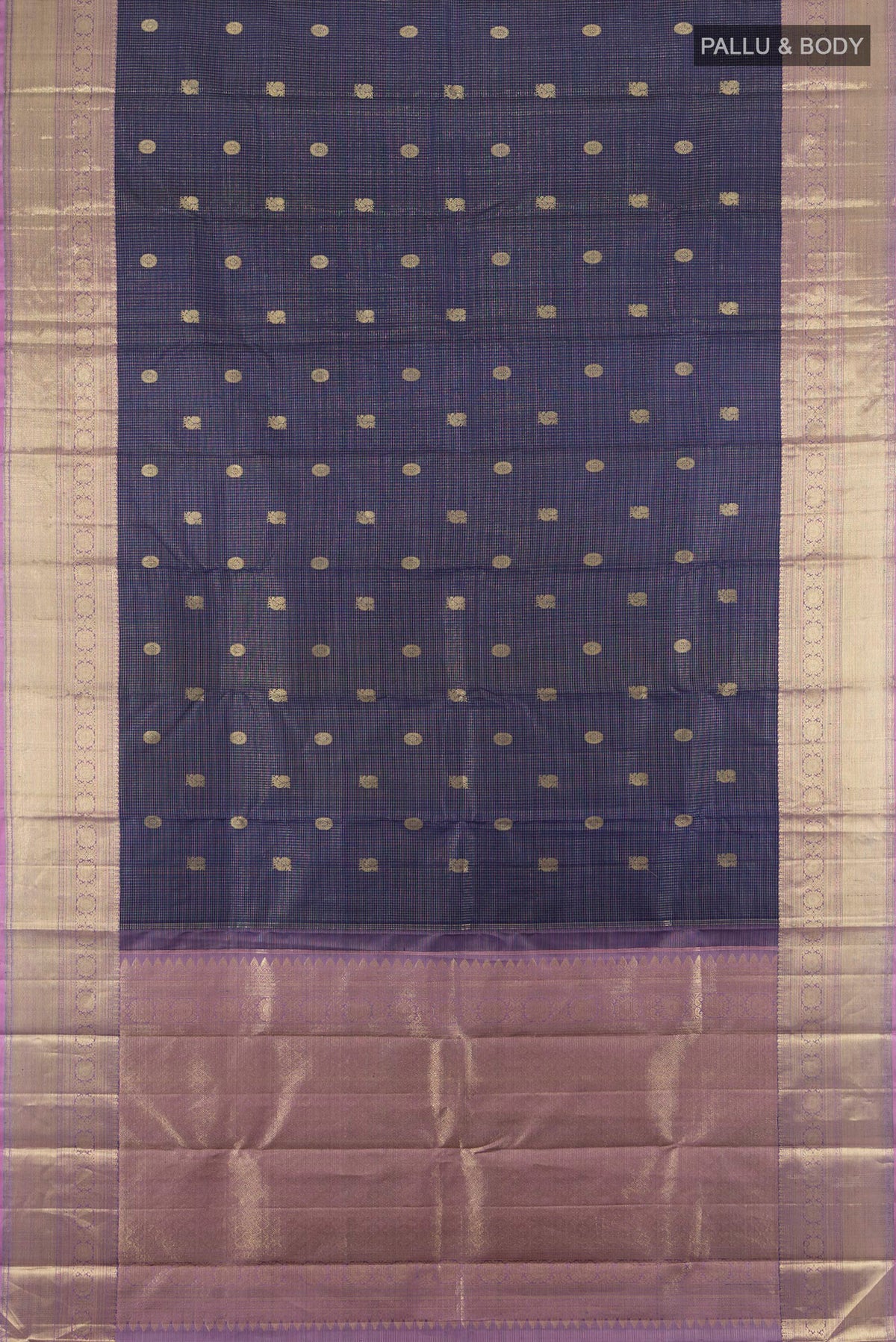 Flat view of Navy Blue Kanjivaram Silk Saree with Zari Butta on the body and Zari Border. 