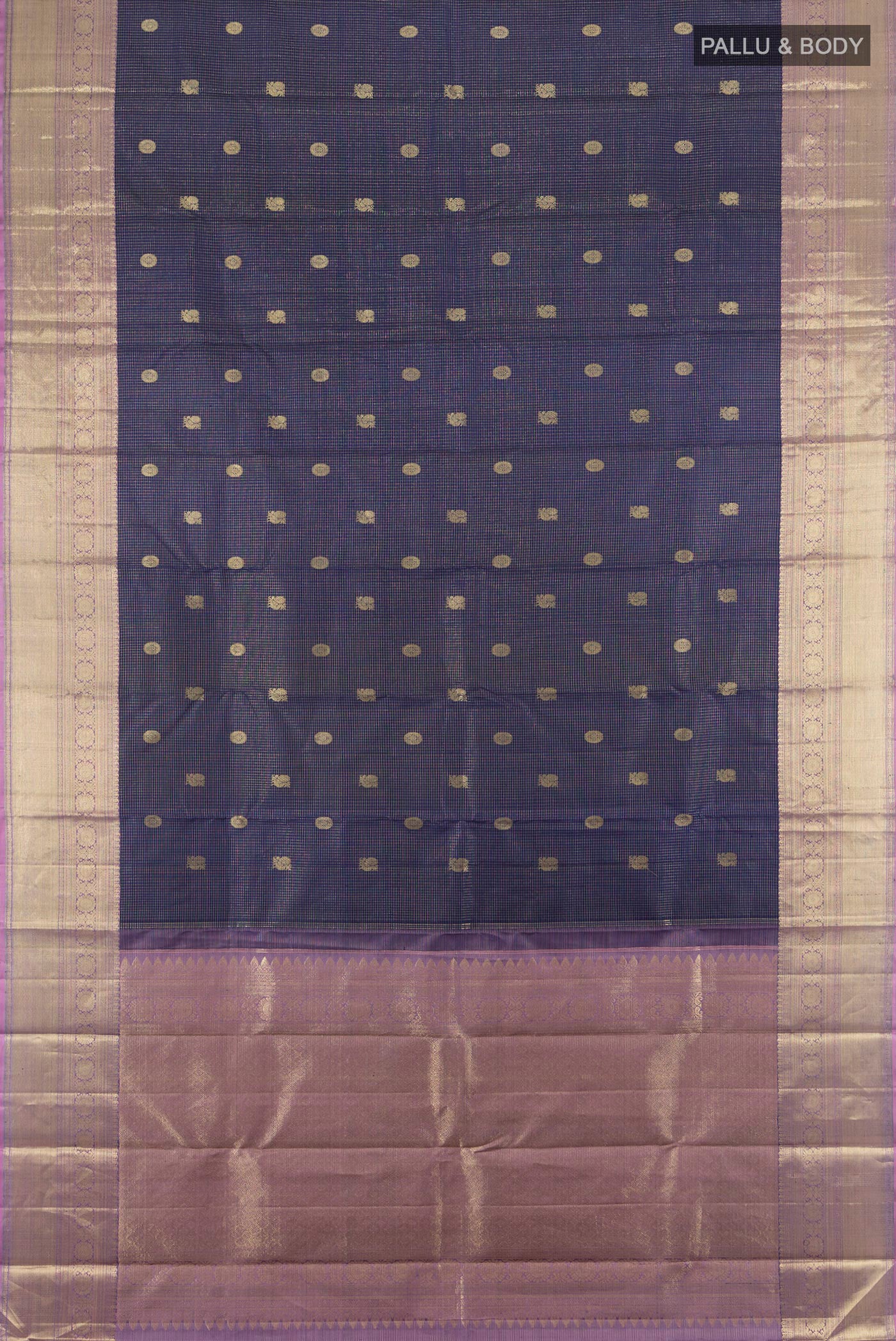 Flat view of Navy Blue Kanjivaram Silk Saree with Zari Butta on the body and Zari Border. 