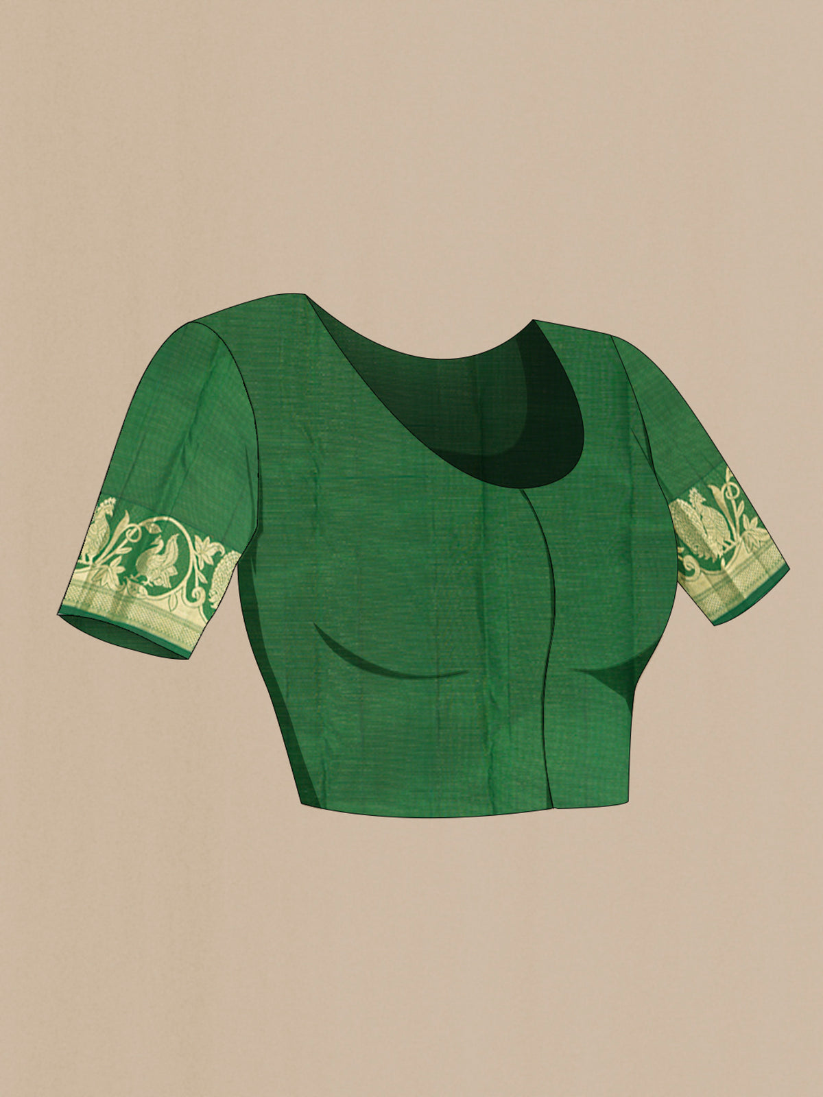 Close up image of the blouse of Pure Silk Green Kanchipuram Saree with Checked design on the body and Fancy Border. 