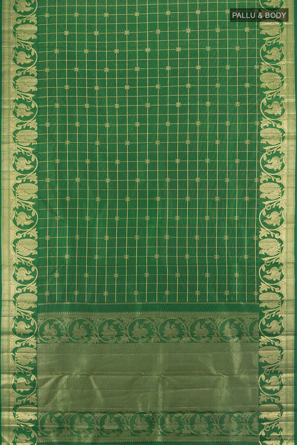 Flat view of Pure Silk Green Kanchipuram Saree with Checked design on the body and Fancy Border. 