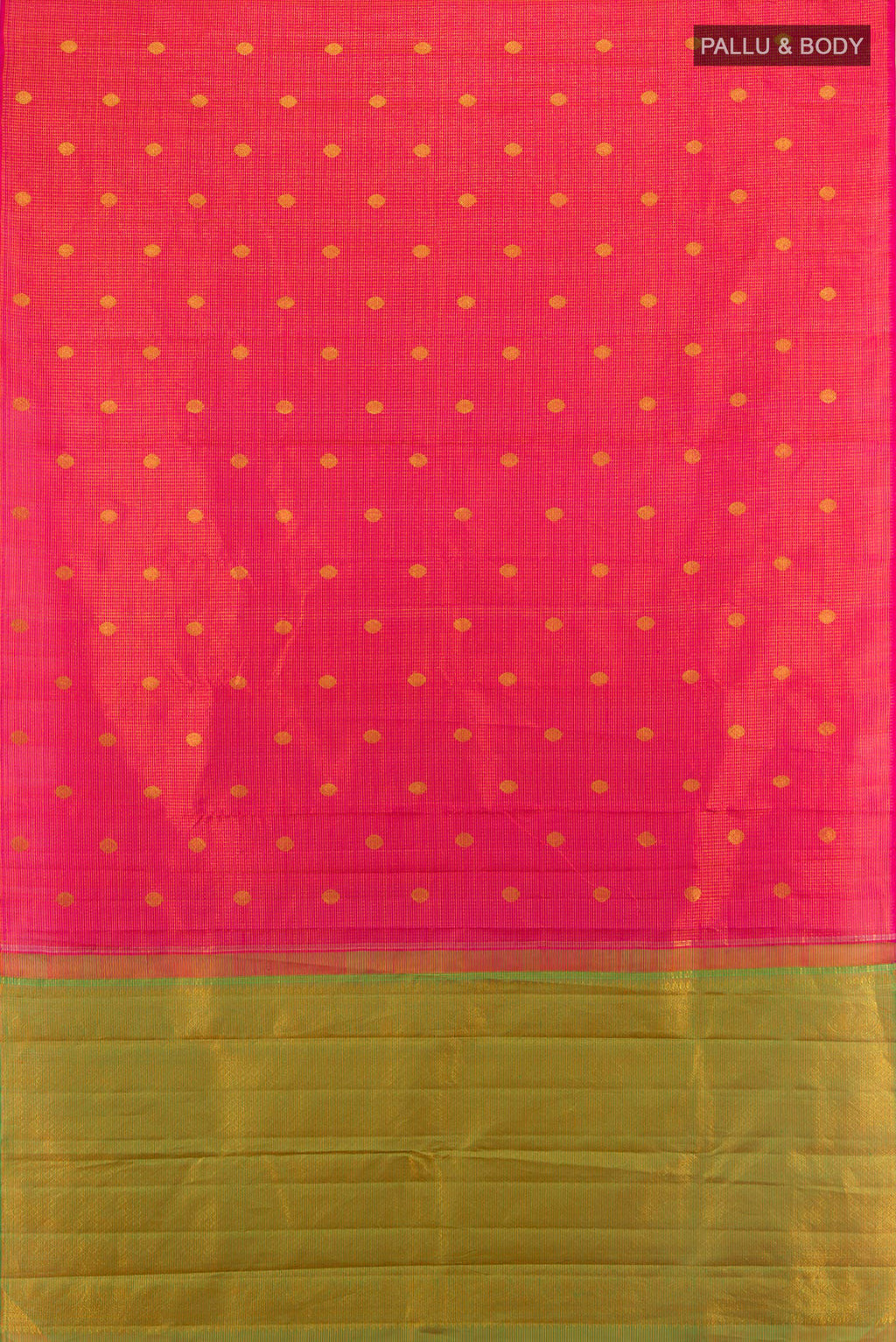 Flat view of Pure Silk Pink Kanjivaram Saree with Zari Butta on the body and Without Border. 