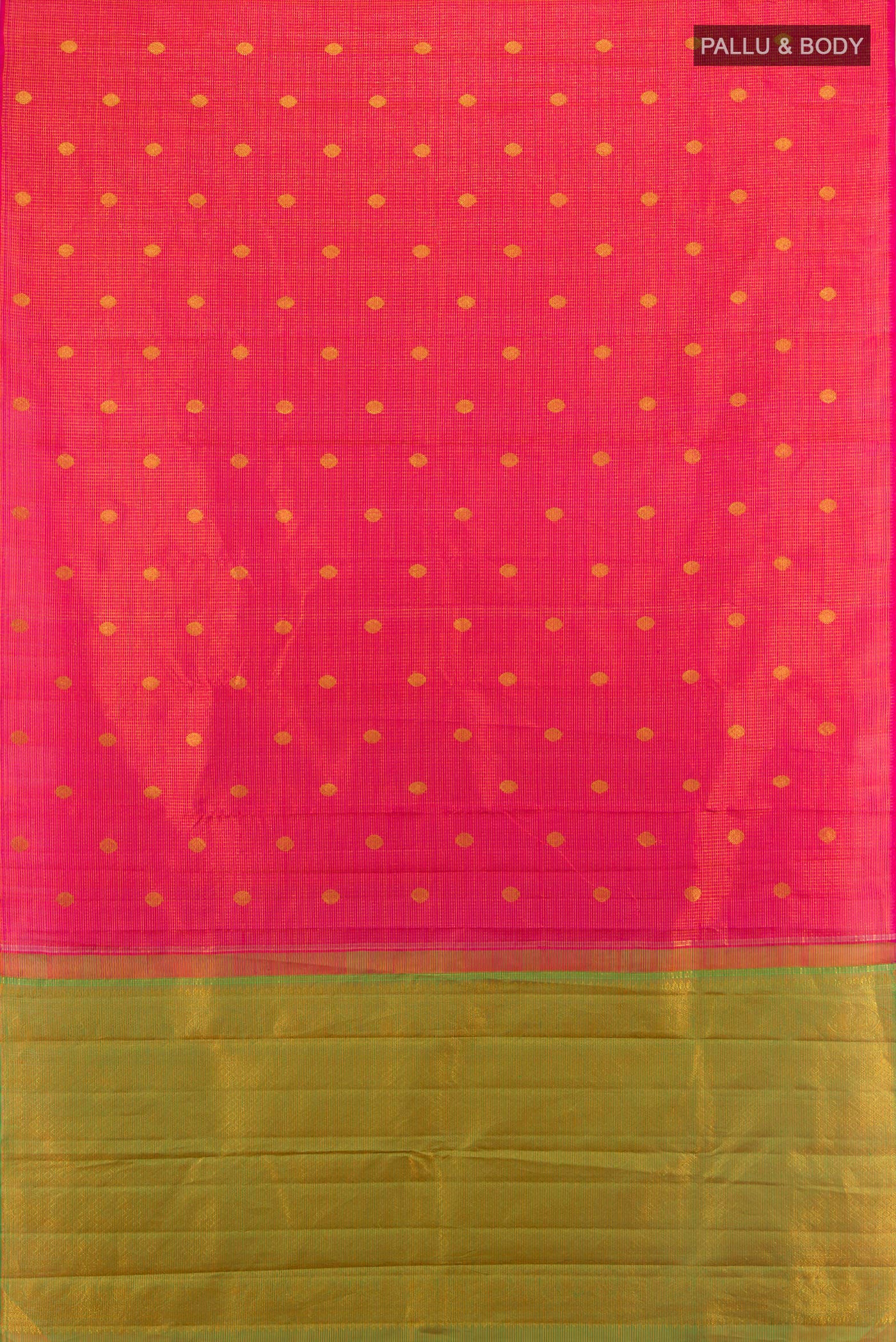 Flat view of Pure Silk Pink Kanjivaram Saree with Zari Butta on the body and Without Border. 