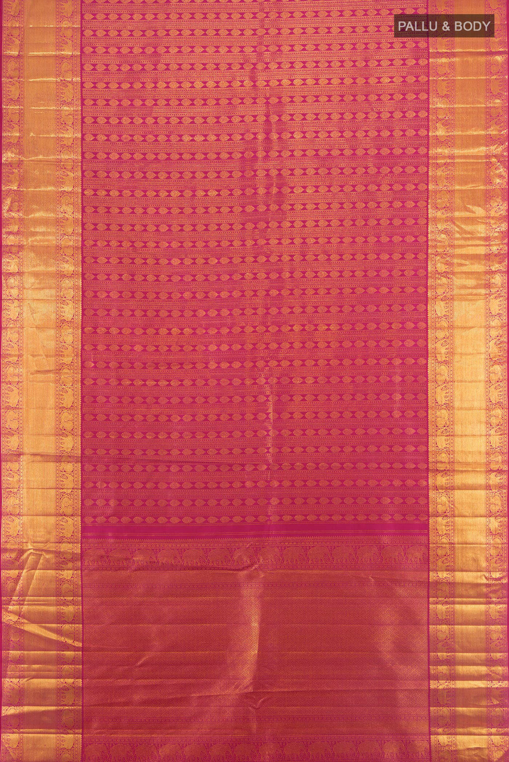 Flat view of Dark Pink Kanchipuram Silk Saree with Zari Brocade on the body and Zari Border. 