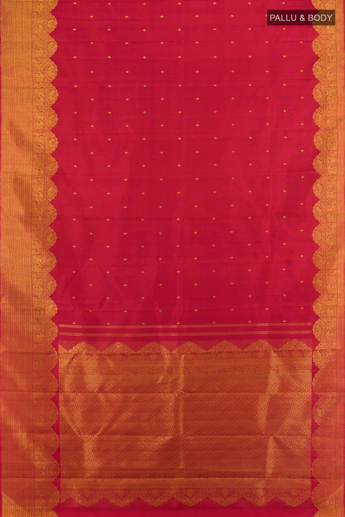 Flat view of Pure Silk Maroon Kanchipuram Saree with Zari Butta on the body and Fancy Border. 