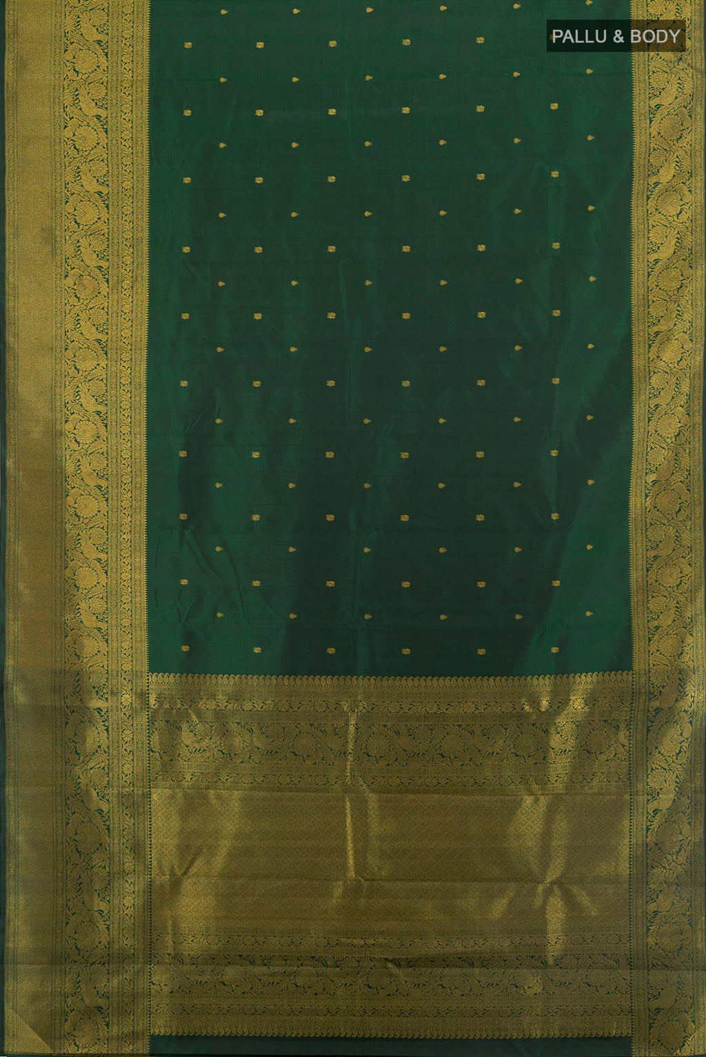 Flat view of Pure Silk Bottle Green Kanchipuram Saree with Zari Butta on the body and Fancy Border. 