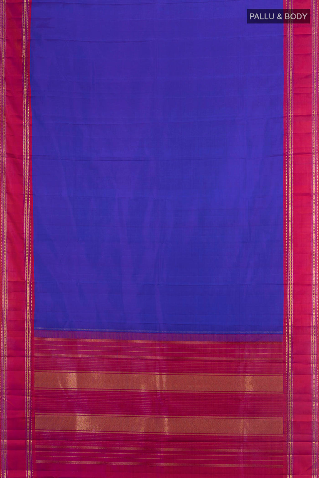 Flat view of Pure Silk Royal Blue Kanjivaram Saree with Plain Body and Plain Border. 