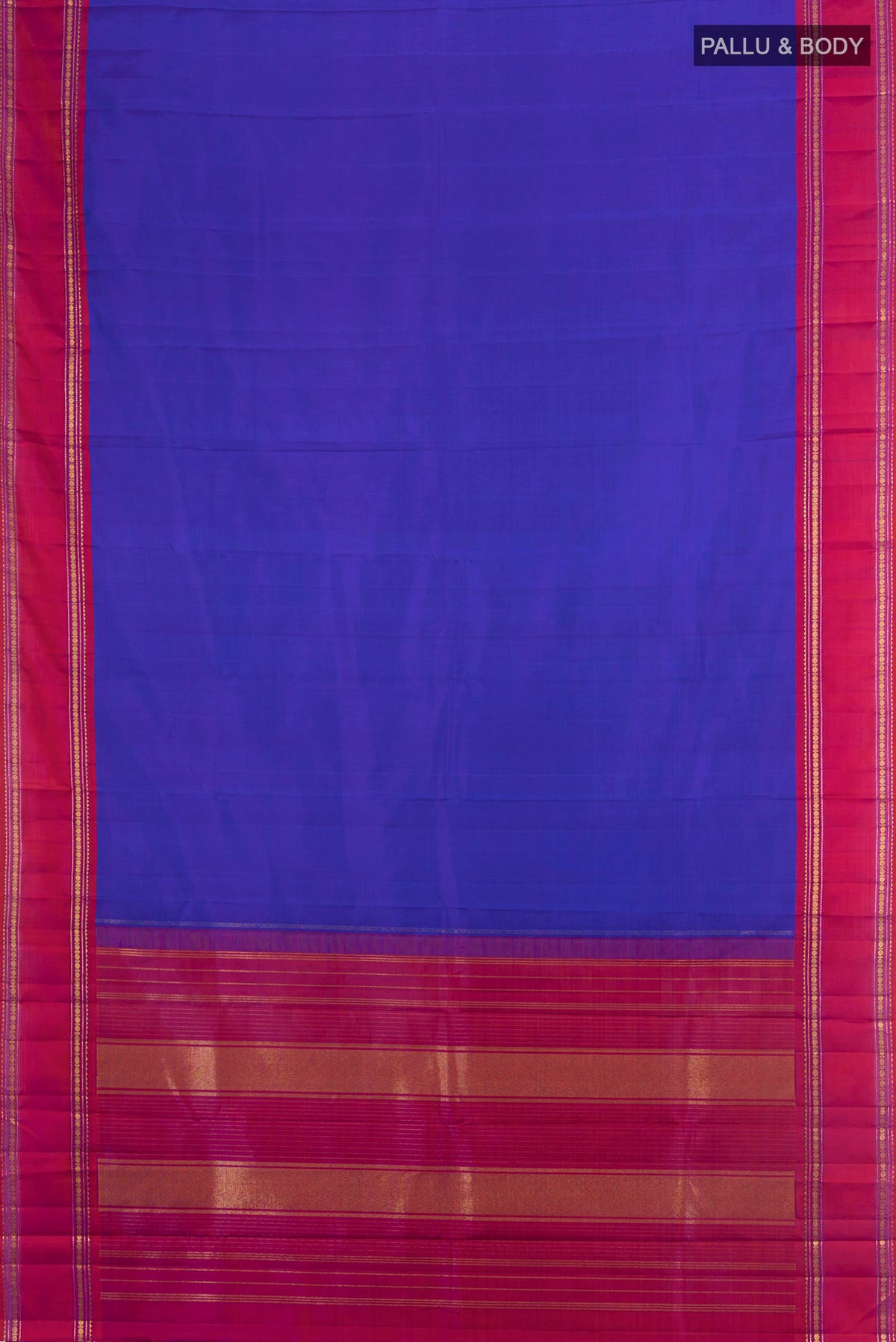 Flat view of Pure Silk Royal Blue Kanjivaram Saree with Plain Body and Plain Border. 