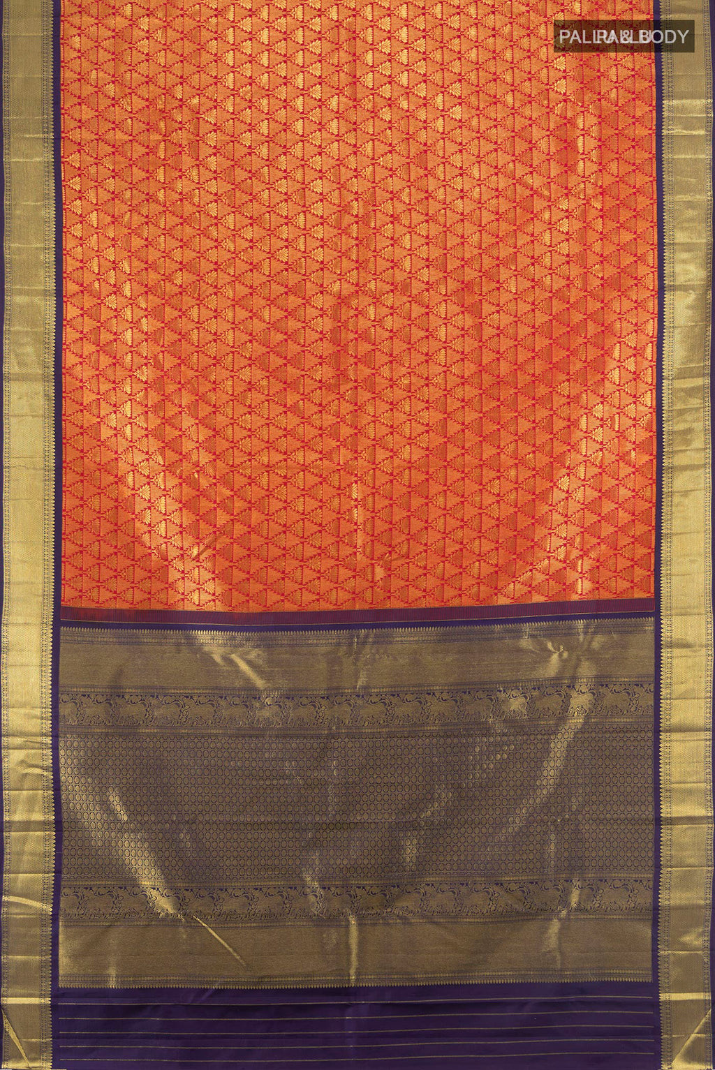 Flat view of Pure Silk Red Kanchipuram Saree with Zari Brocade on the body and Zari Border. 