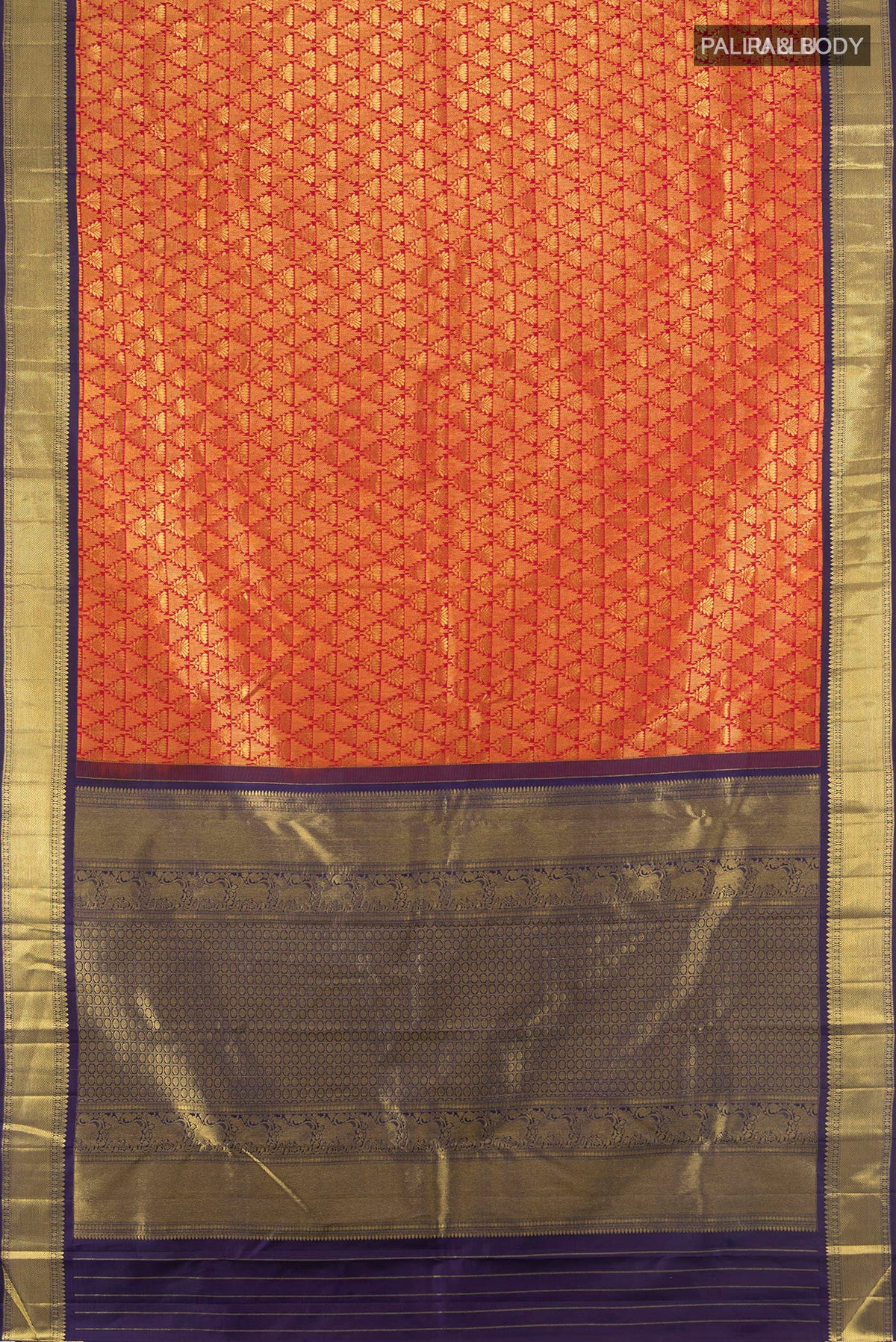 Flat view of Pure Silk Red Kanchipuram Saree with Zari Brocade on the body and Zari Border. 