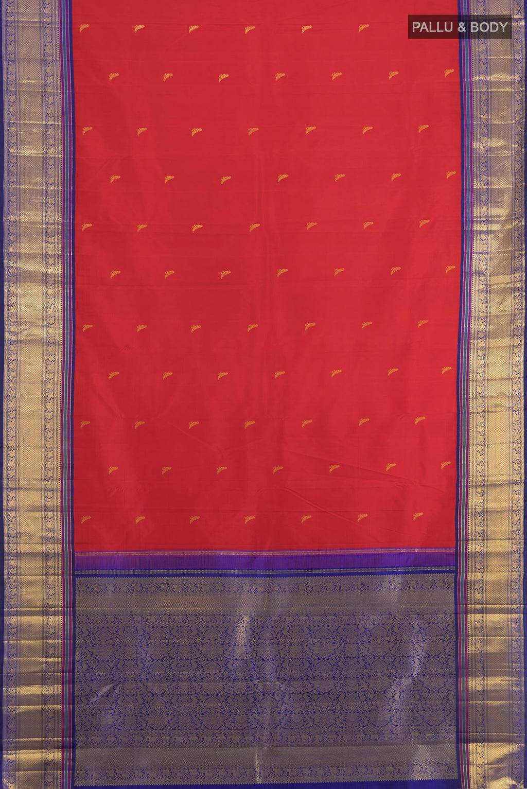 Flat view of Pure Silk Pure Zari Red Kanchipuram Saree with Zari Butta on the body and Zari Border. 
