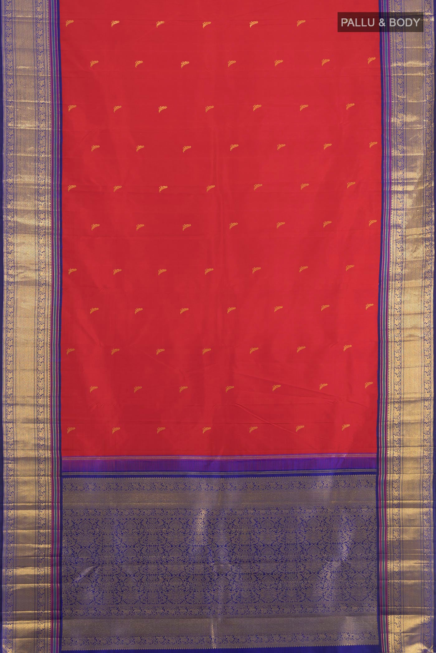 Flat view of Pure Silk Pure Zari Red Kanchipuram Saree with Zari Butta on the body and Zari Border. 