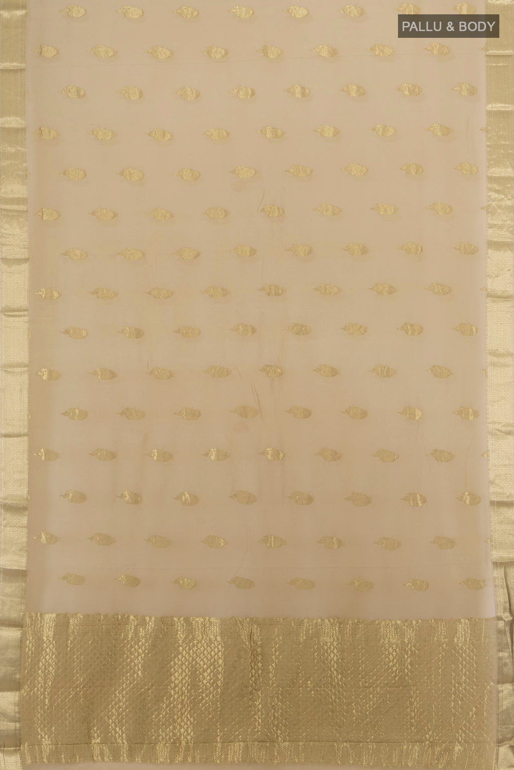 Flat view of Beige Mysore Georgette Saree with Zari Butta on the body and Zari Border. 