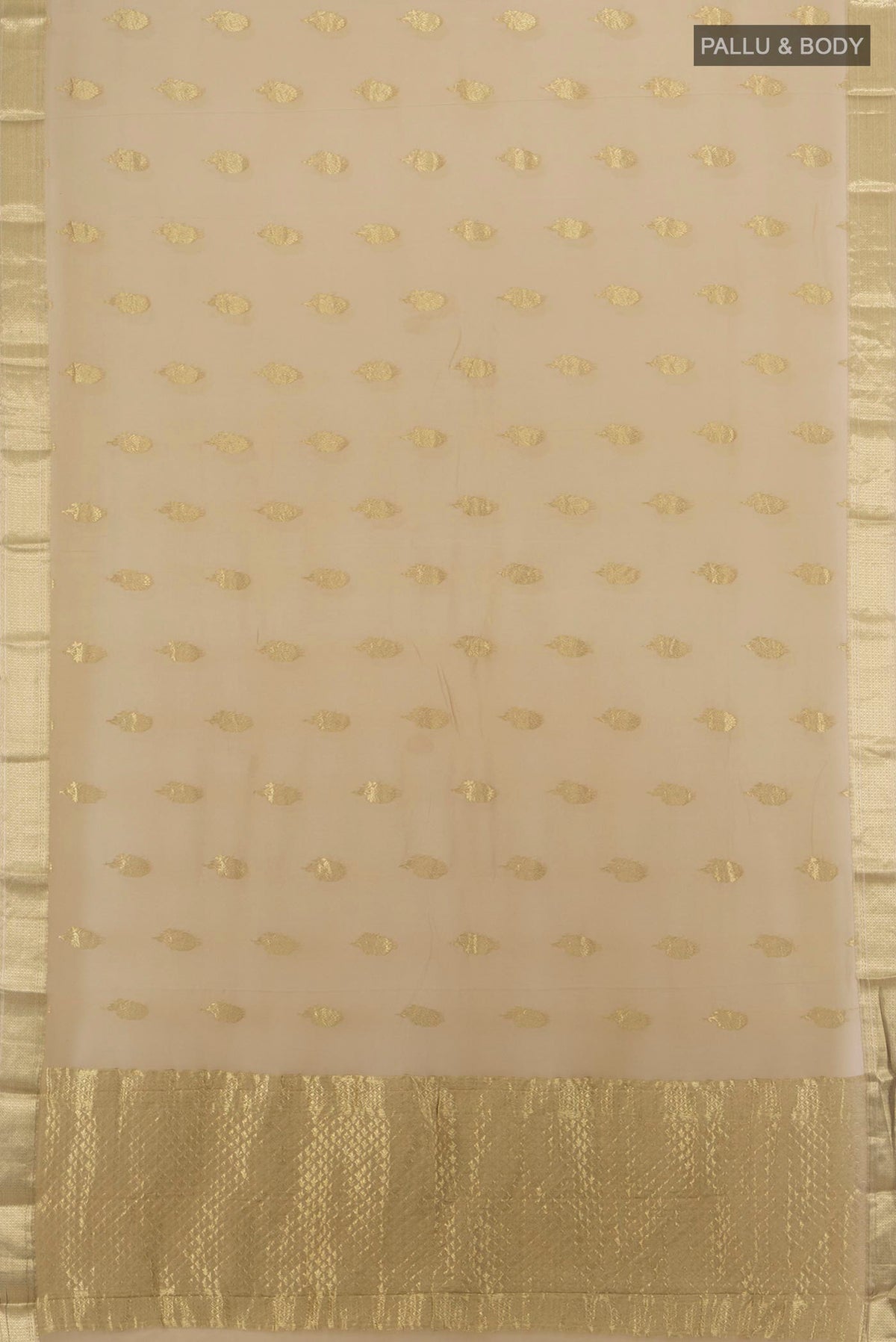Flat view of Beige Mysore Georgette Saree with Zari Butta on the body and Zari Border. 