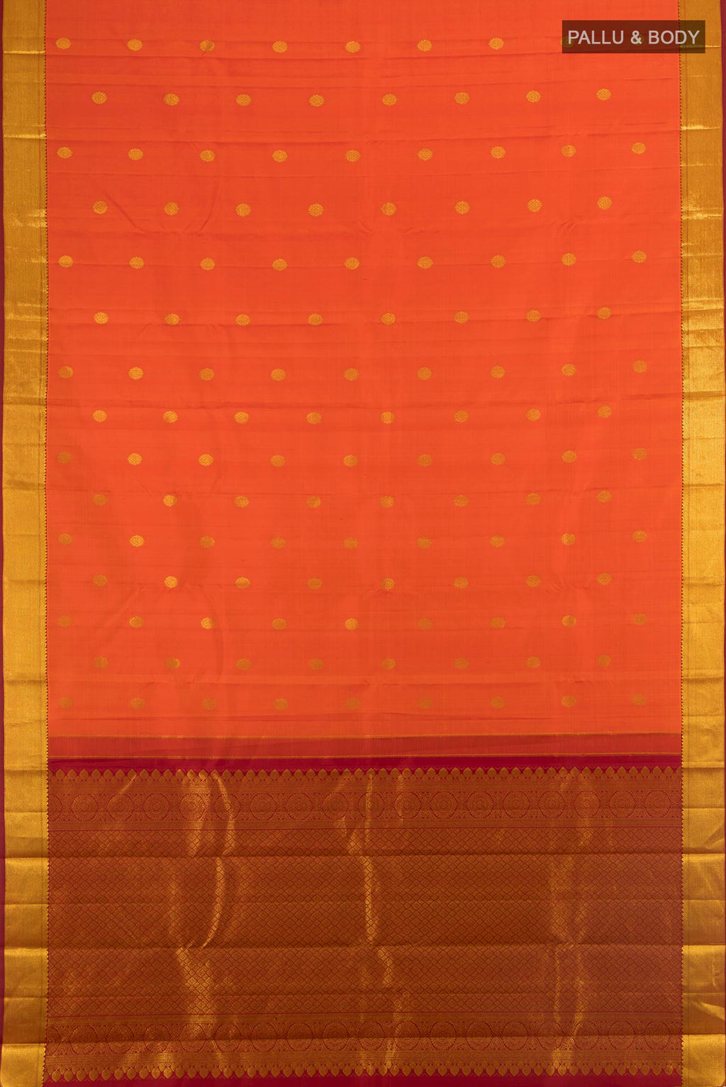 Flat view of Pure Silk Orange Kanjivaram Saree with Zari Butta on the body and Zari Border. 