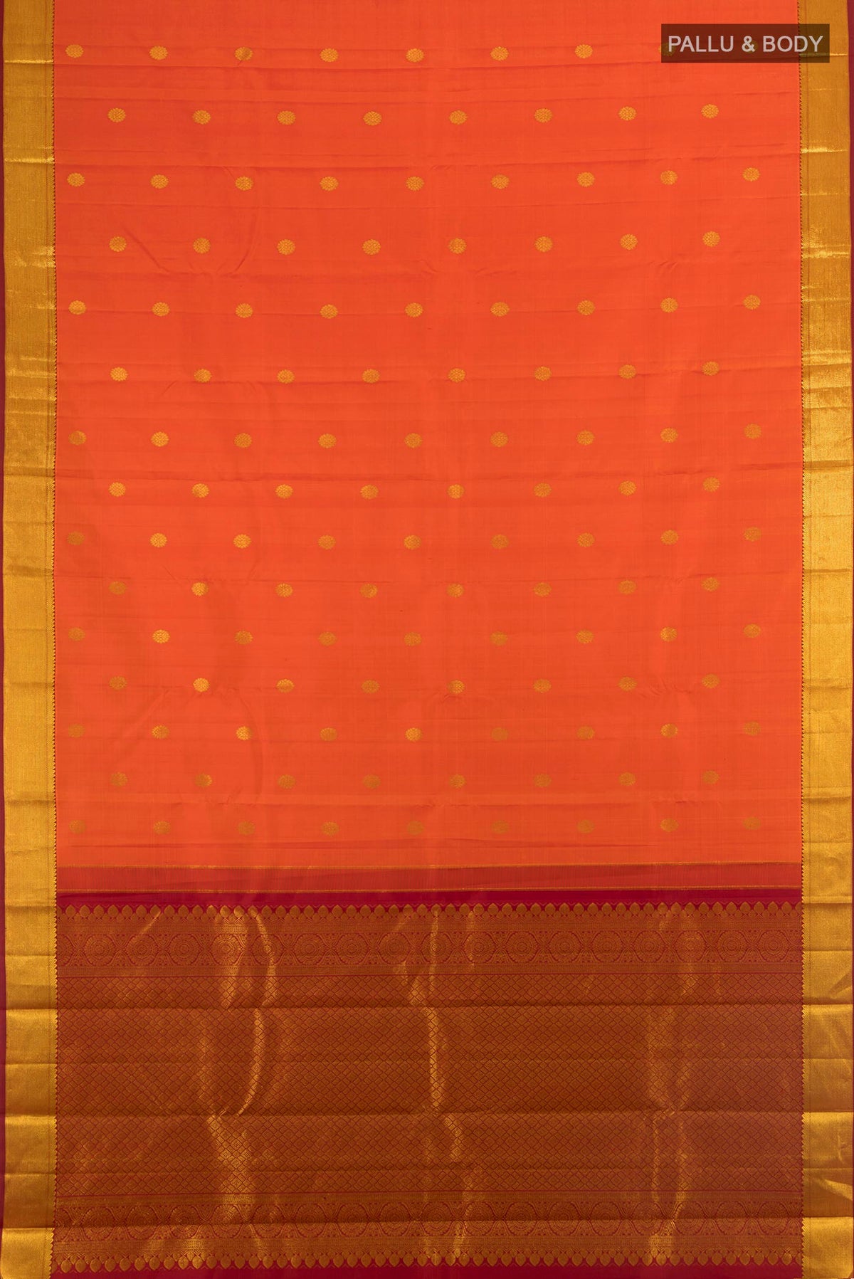 Flat view of Pure Silk Orange Kanjivaram Saree with Zari Butta on the body and Zari Border. 