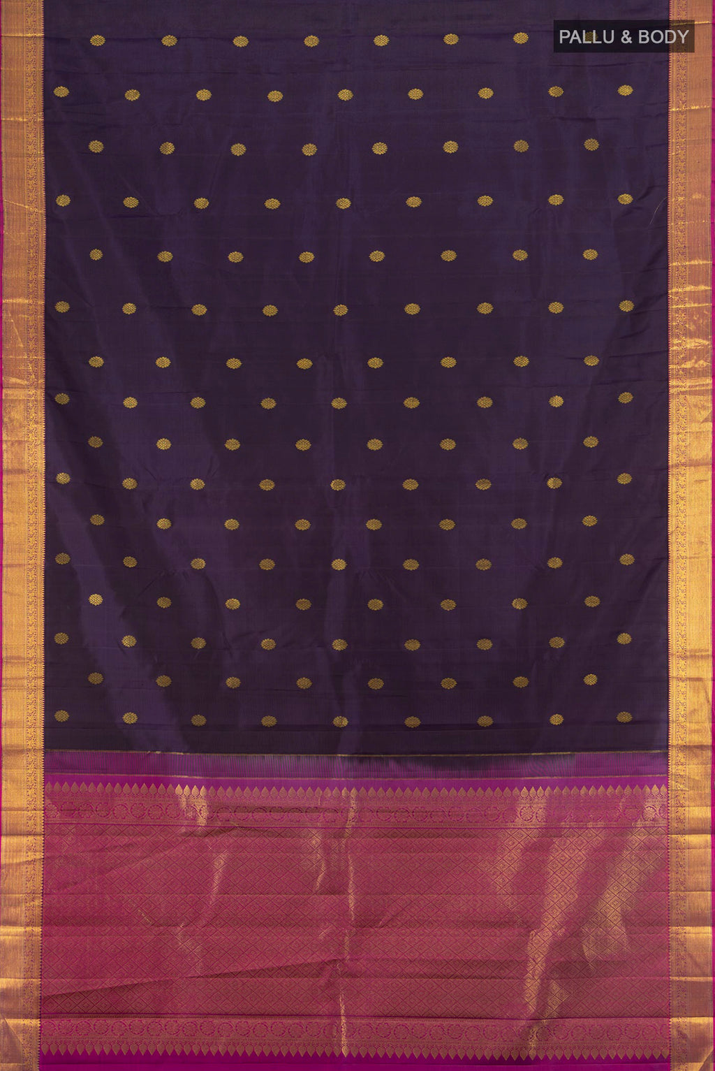 Flat view of Navy Blue Kanjivaram Silk Saree with Zari Butta on the body and Zari Border. 