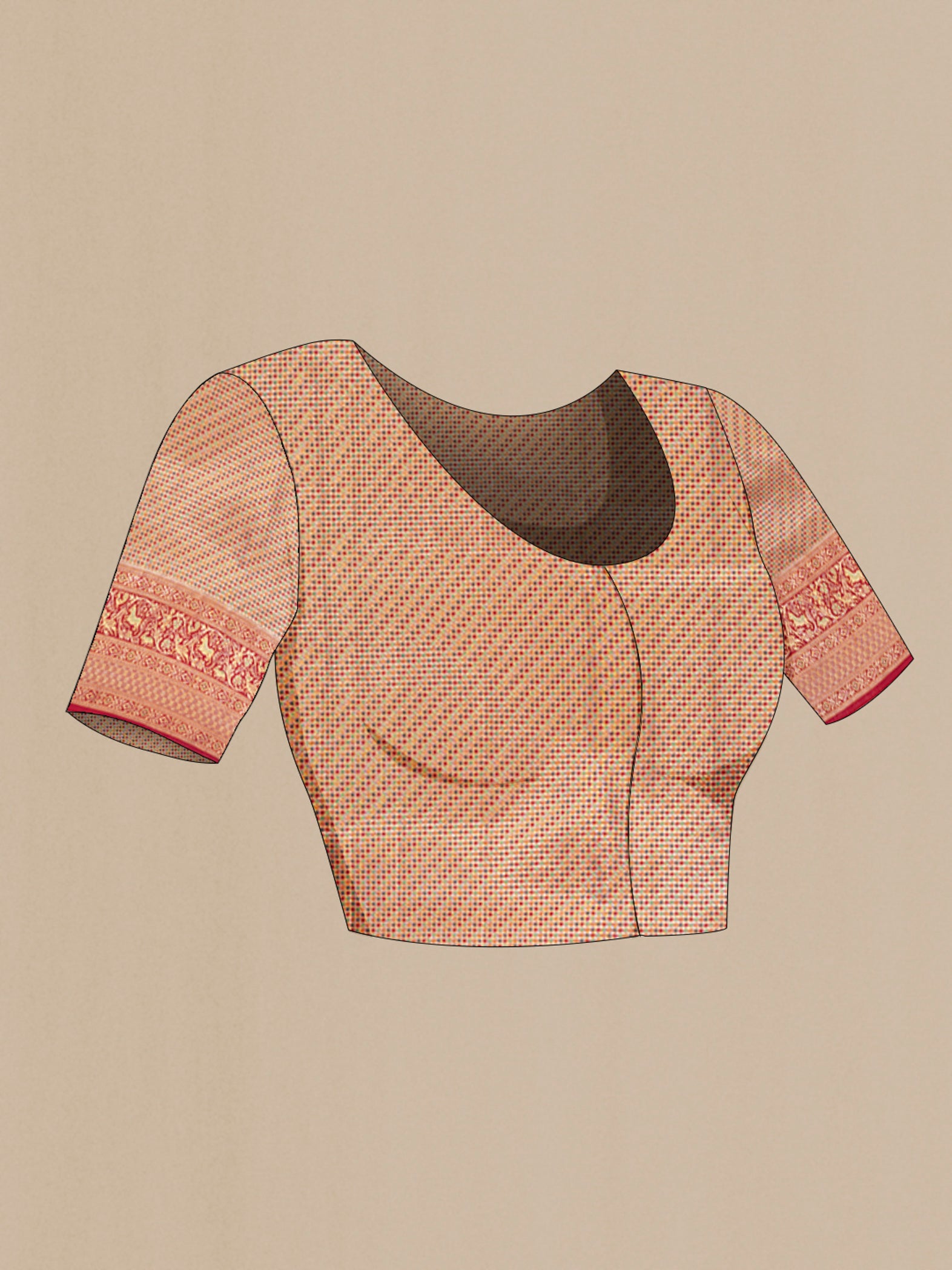 Close up image of the blouse of Red Kanchipuram Tissue Silk Saree with Zari Brocade on the body and Zari Border. 