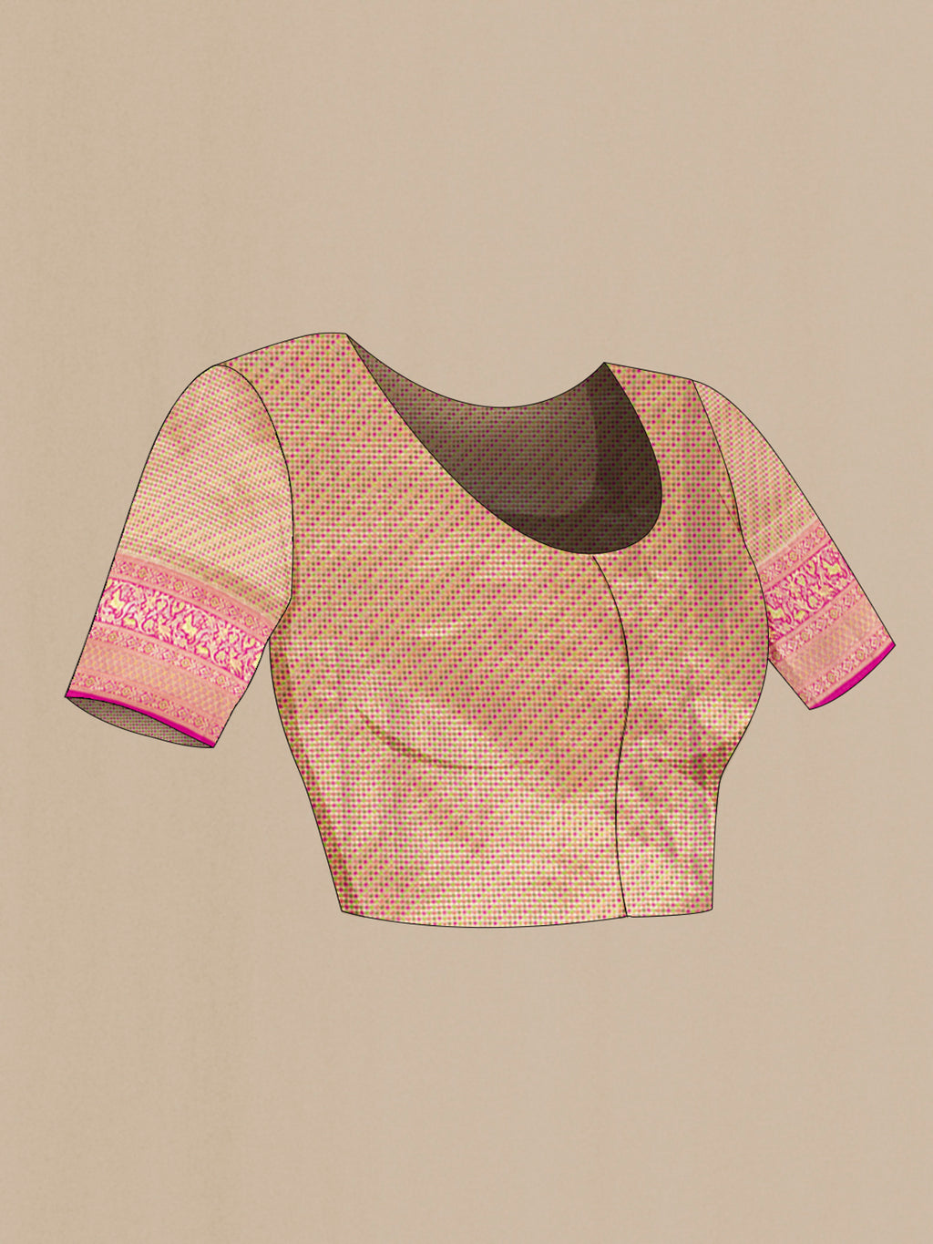 Close up image of the blouse of Pure Silk Dark Pink Kanchipuram Saree with Zari Brocade on the body and Zari Border. 