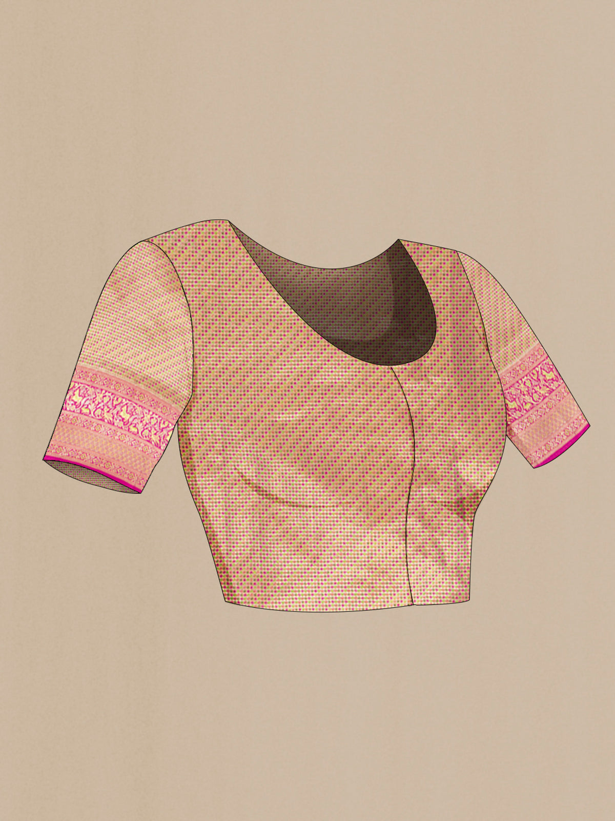 Close up image of the blouse of Pure Silk Dark Pink Kanchipuram Saree with Zari Brocade on the body and Zari Border. 