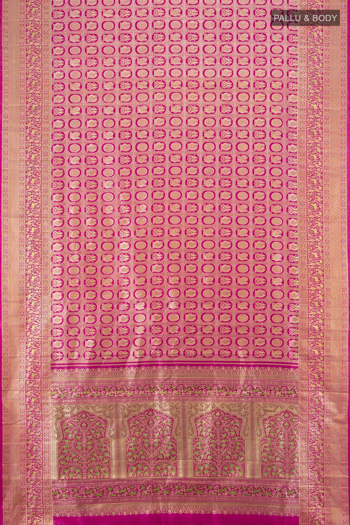 Flat view of Pure Silk Dark Pink Kanchipuram Saree with Zari Brocade on the body and Zari Border. 