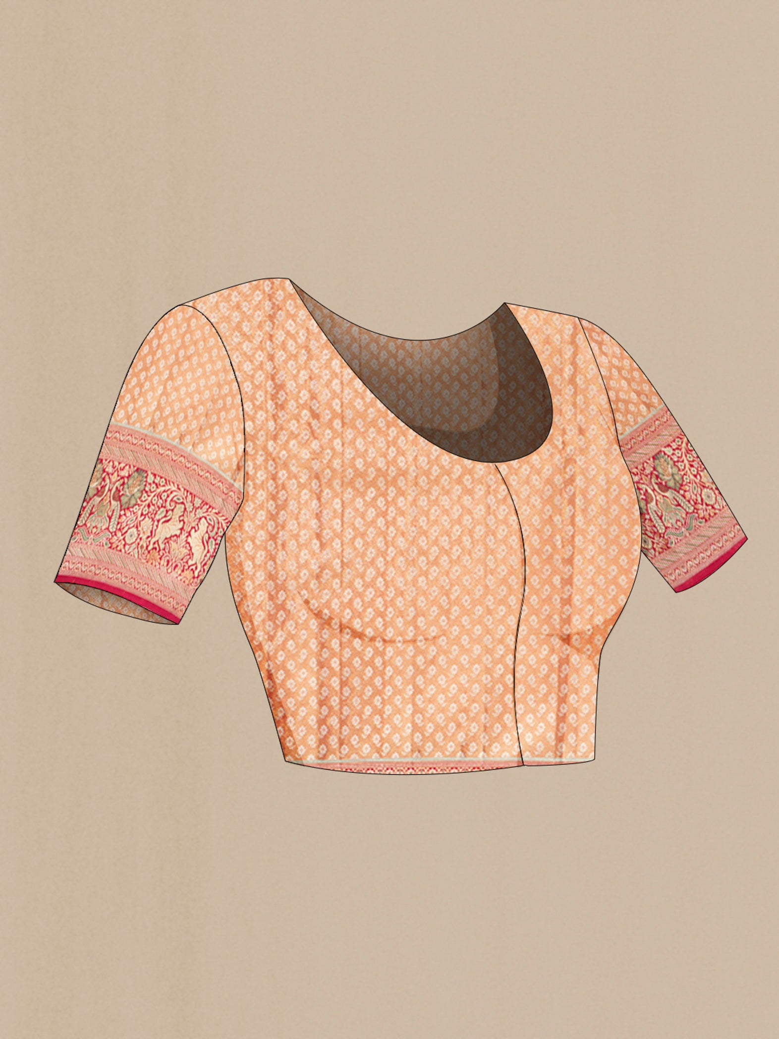 Close up image of the blouse of Golden Kanchipuram Tissue Silk Saree with Zari Brocade on the body and Zari Border. 