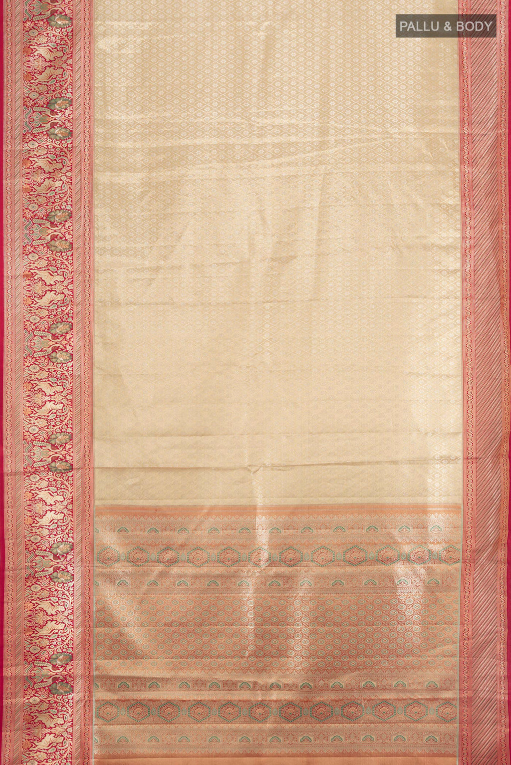 Flat view of Golden Kanchipuram Tissue Silk Saree with Zari Brocade on the body and Zari Border. 