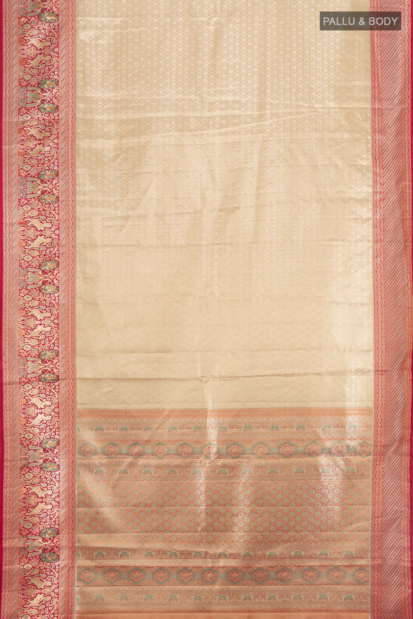 Flat view of Golden Kanchipuram Tissue Silk Saree with Zari Brocade on the body and Zari Border. 
