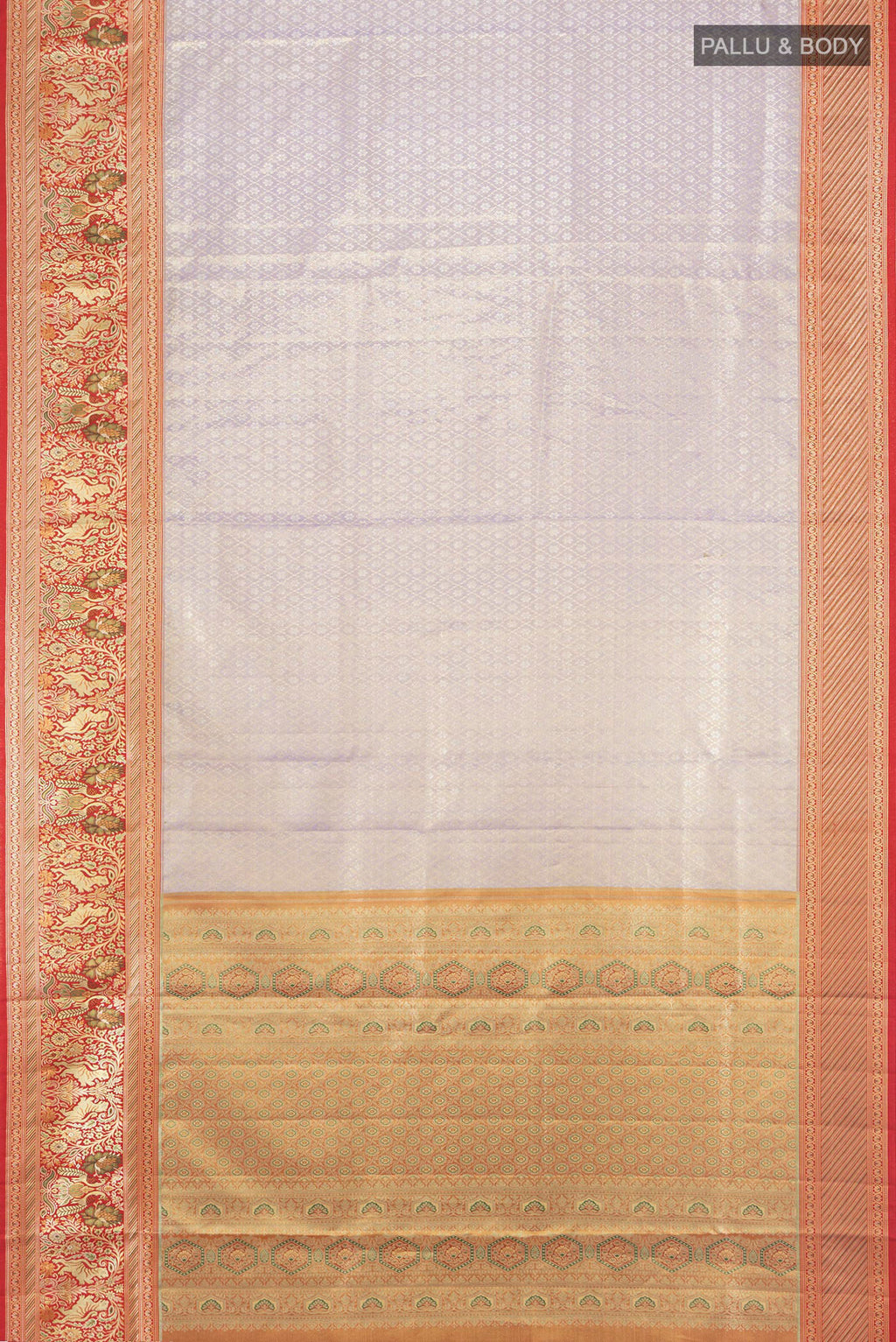 Flat view of Lavender Kanchipuram Tissue Silk Saree with Zari Brocade on the body and Zari Border. 