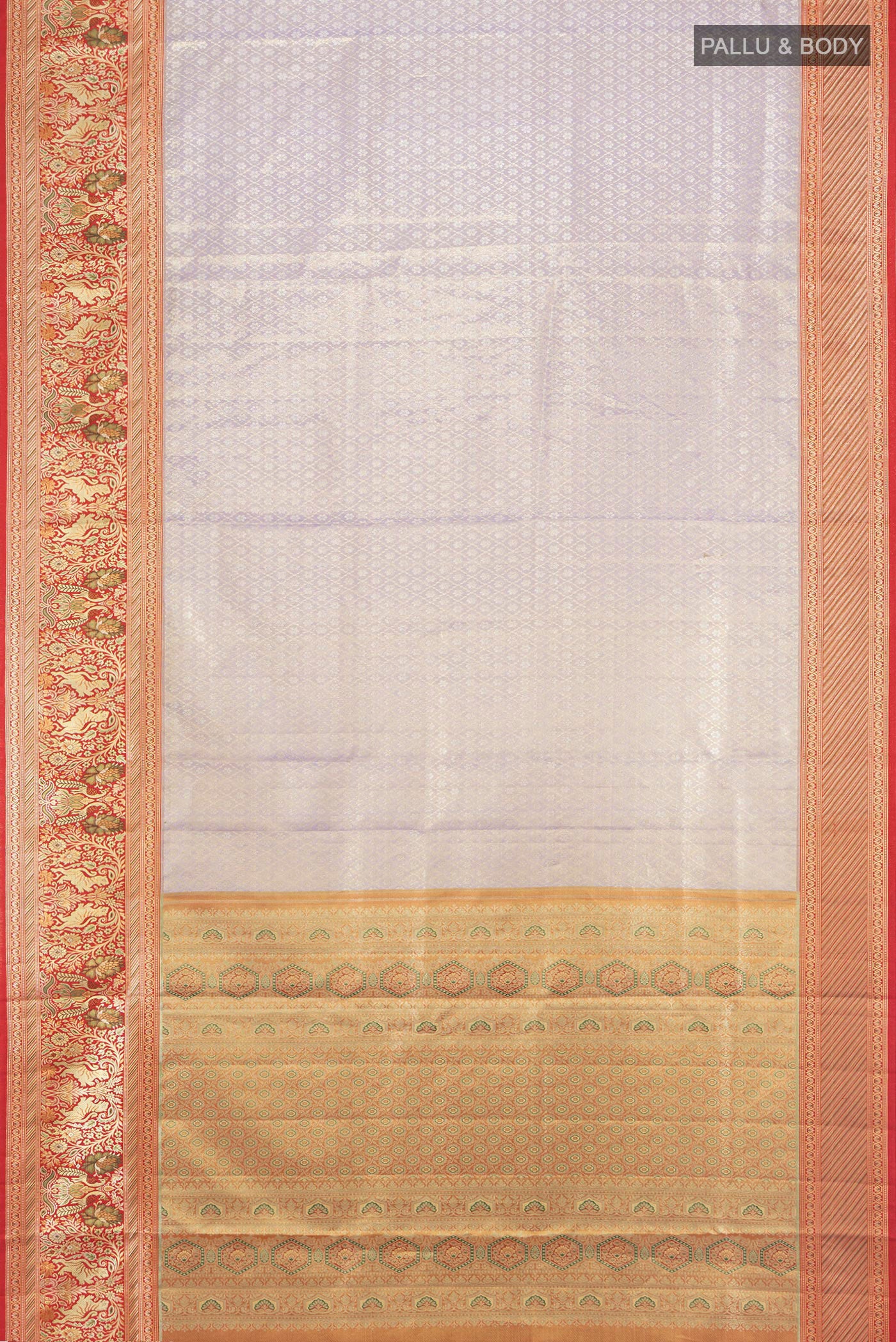 Flat view of Lavender Kanchipuram Tissue Silk Saree with Zari Brocade on the body and Zari Border. 