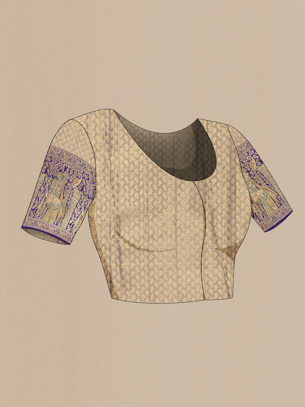 Close up image of the blouse of Golden Kanchipuram Tissue Silk Saree with Zari Brocade on the body and Zari Border. 