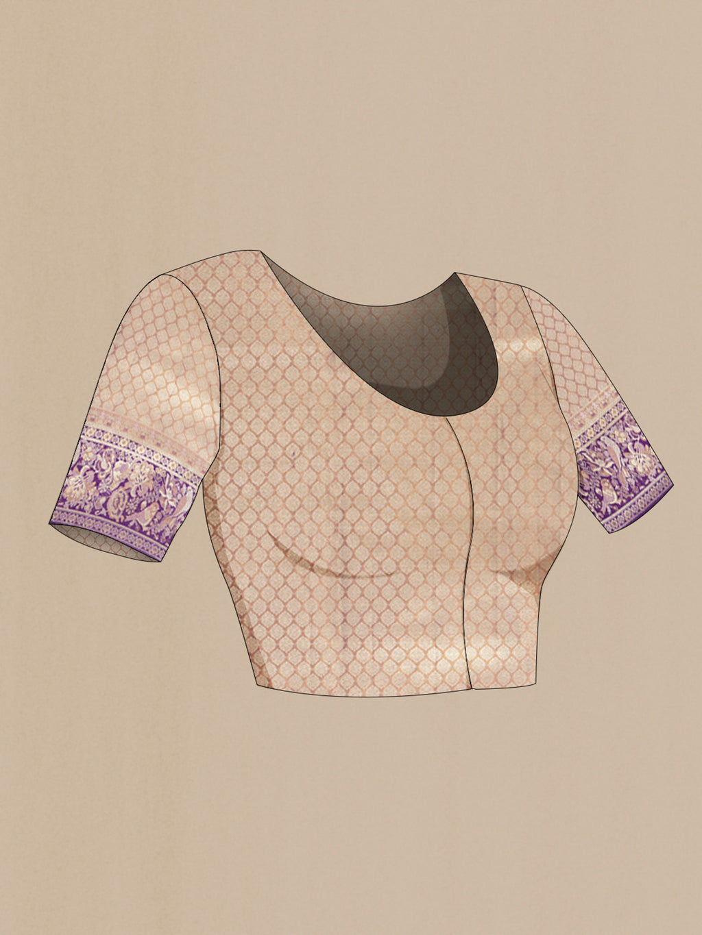 Close up image of the blouse of Pure Silk Rose Gold Kanchipuram Saree with Zari Brocade on the body and Zari Border. 