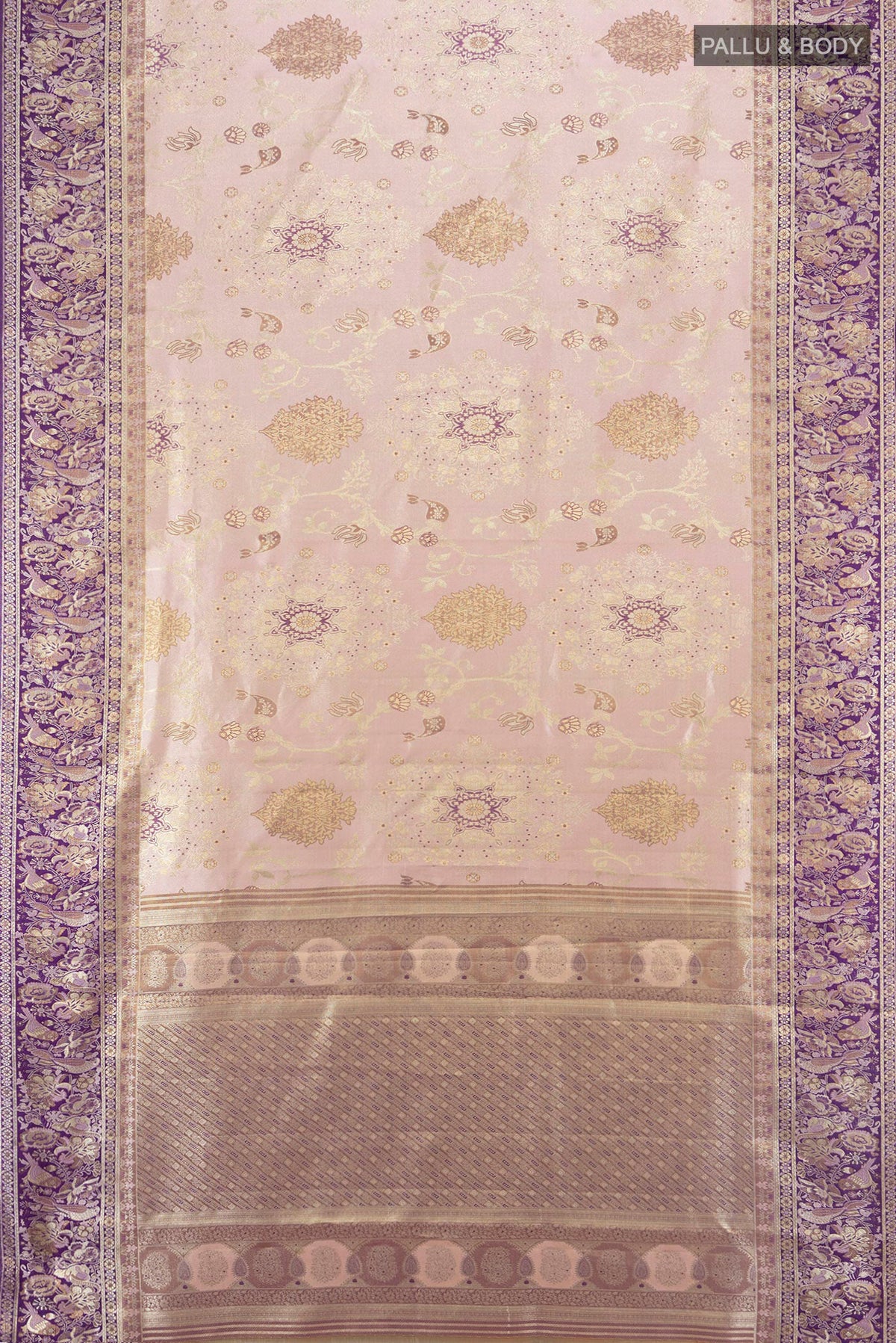Flat view of Pure Silk Rose Gold Kanchipuram Saree with Zari Brocade on the body and Zari Border. 