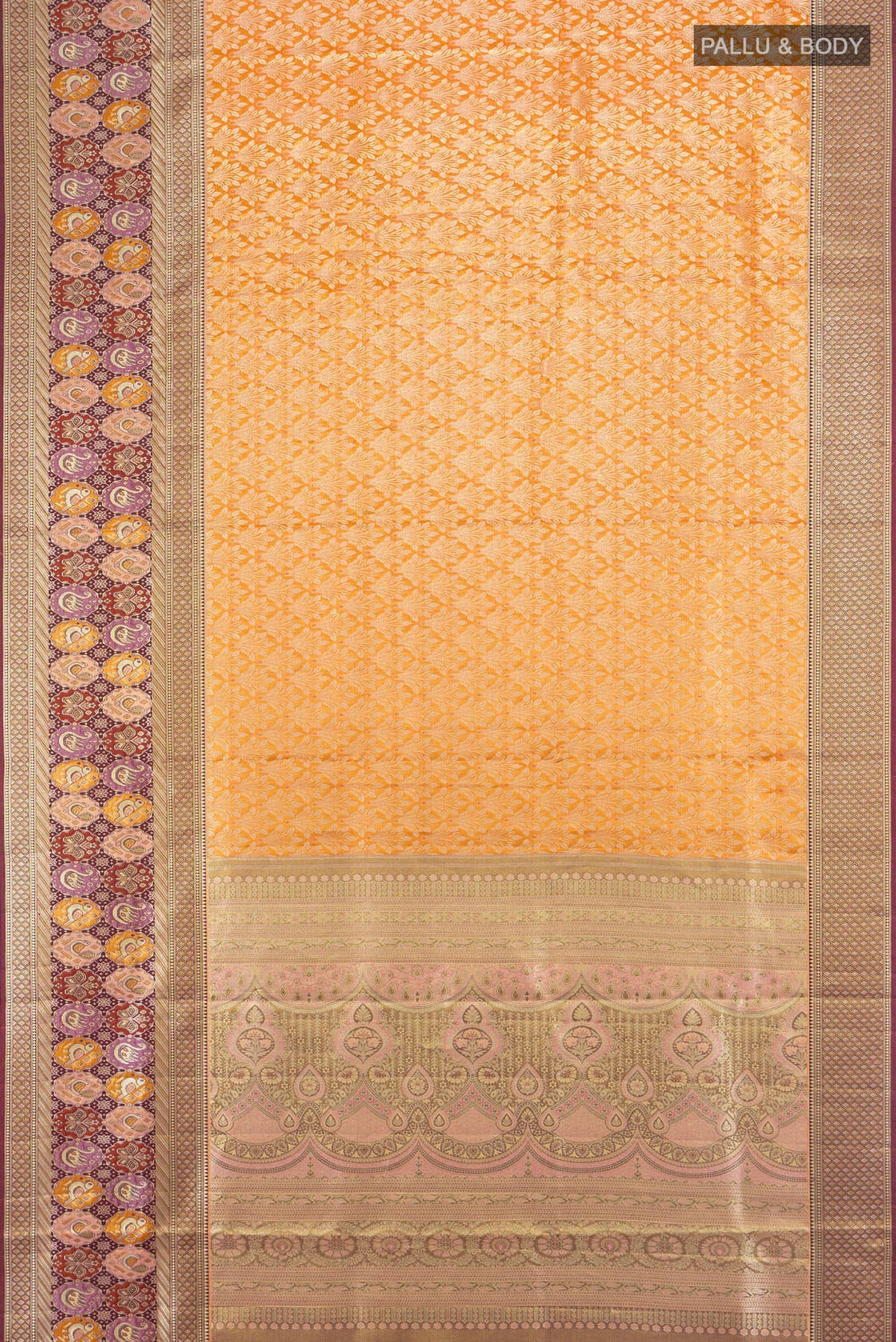 Flat view of Mustard Kanchipuram Tissue Silk Saree with Zari Brocade on the body and Fancy Border. 