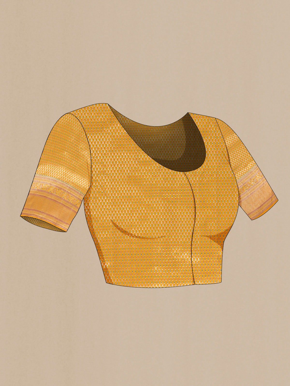 Close up image of the blouse of Pure Silk Mustard Kanchipuram Saree with Zari Brocade on the body and Zari Border. 