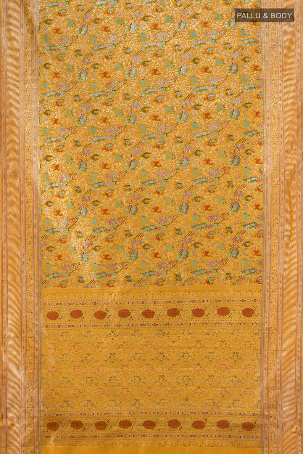 Flat view of Pure Silk Mustard Kanchipuram Saree with Zari Brocade on the body and Zari Border. 