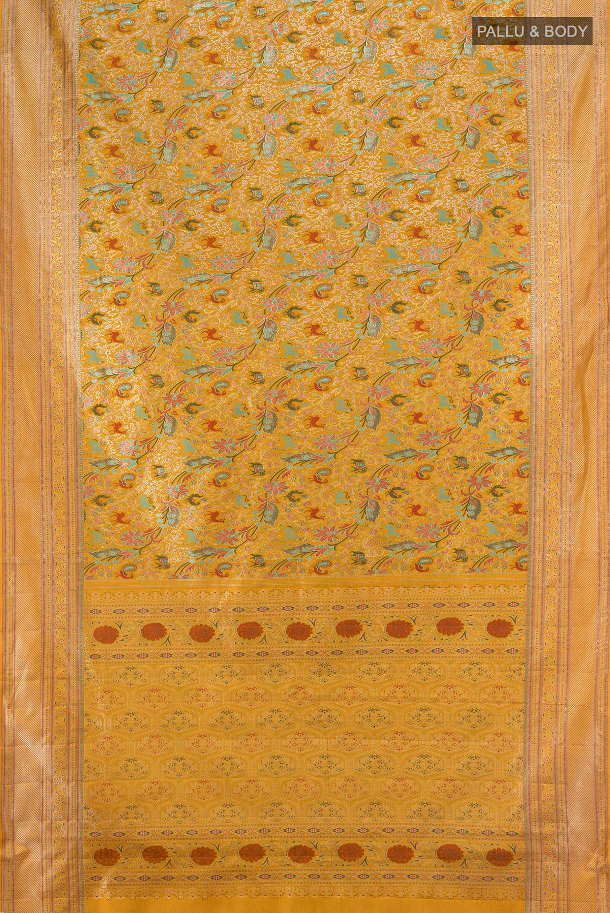Flat view of Pure Silk Mustard Kanchipuram Saree with Zari Brocade on the body and Zari Border. 