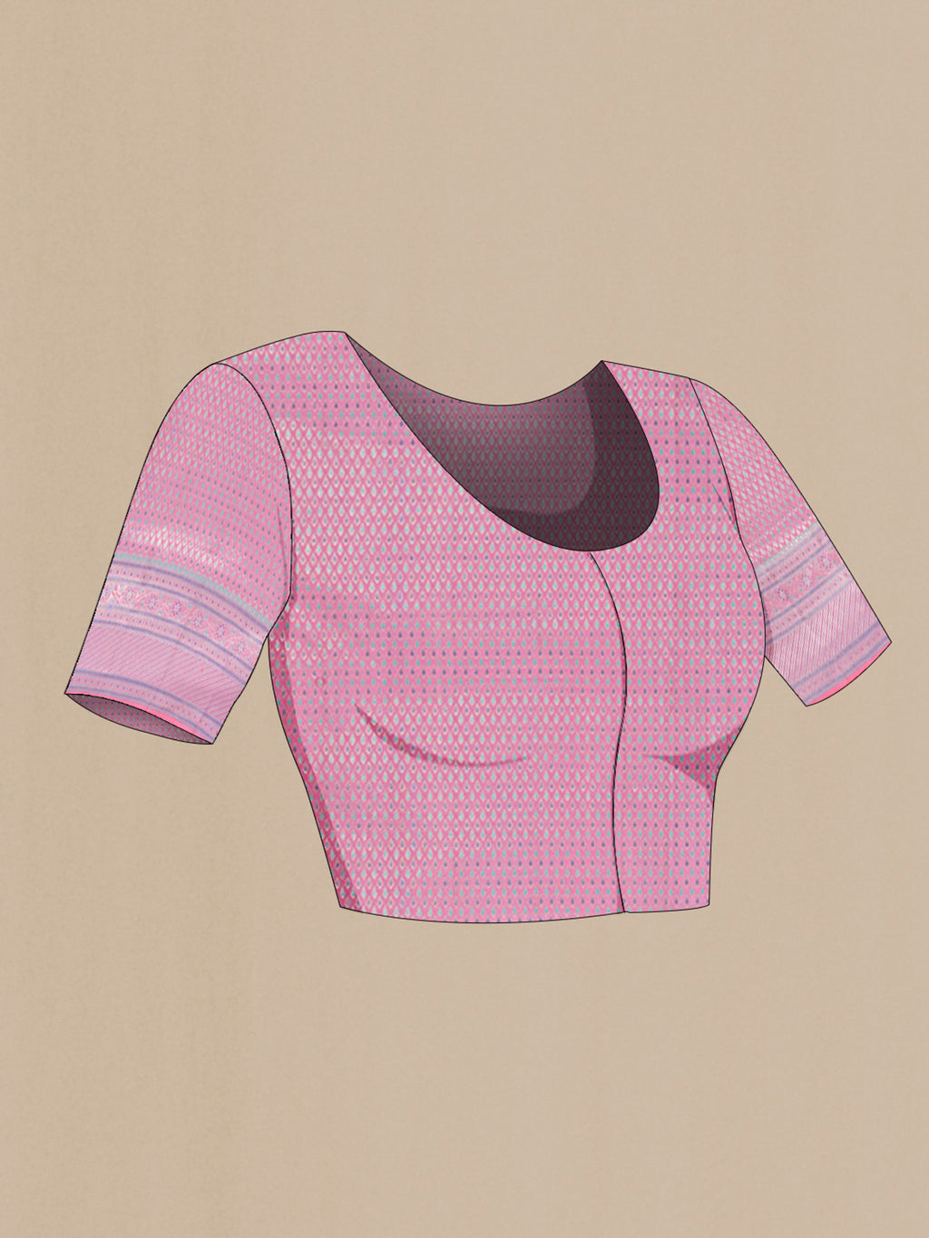 Close up image of the blouse of Pure Silk Rose pink Kanchipuram Saree with Zari Butta on the body and Zari Border. 