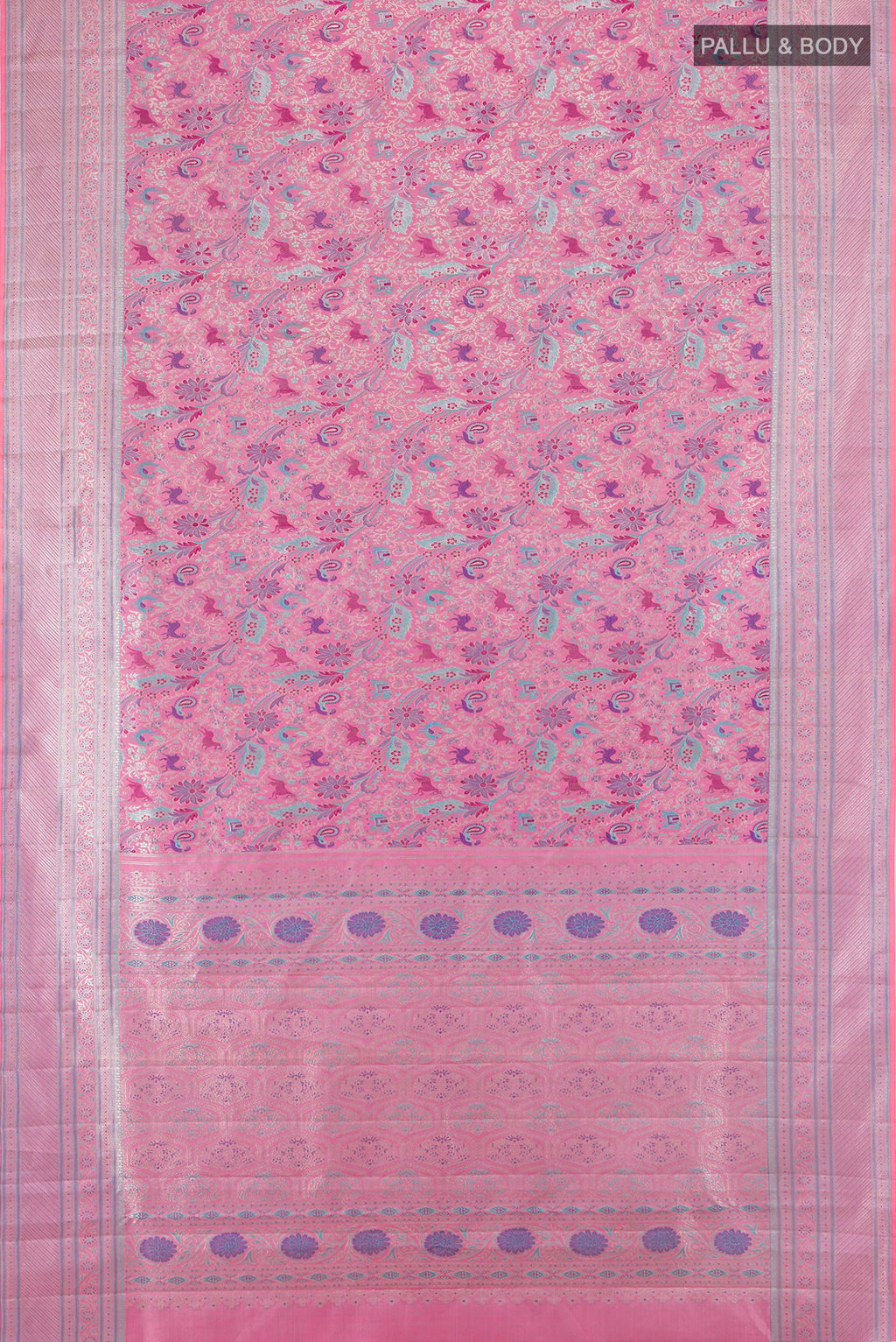 Flat view of Pure Silk Rose pink Kanchipuram Saree with Zari Butta on the body and Zari Border. 