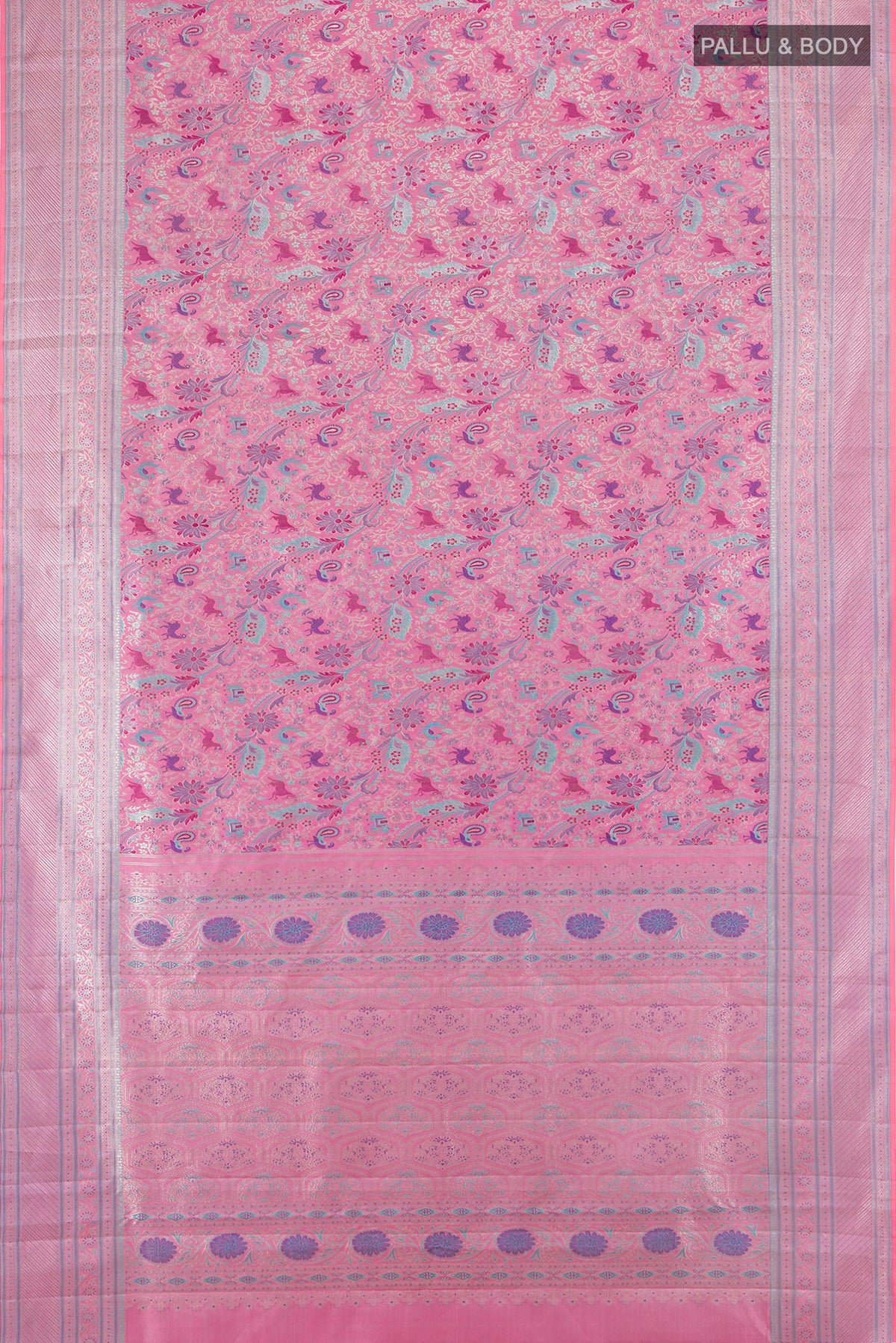 Flat view of Pure Silk Rose pink Kanchipuram Saree with Zari Butta on the body and Zari Border. 