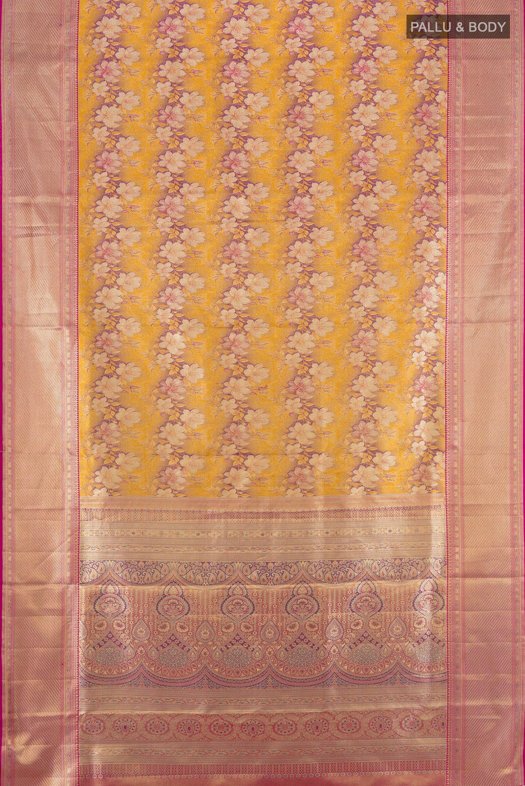 Flat view of Pure Silk Yellow Kanchipuram Saree with Zari Brocade on the body and Zari Border. 